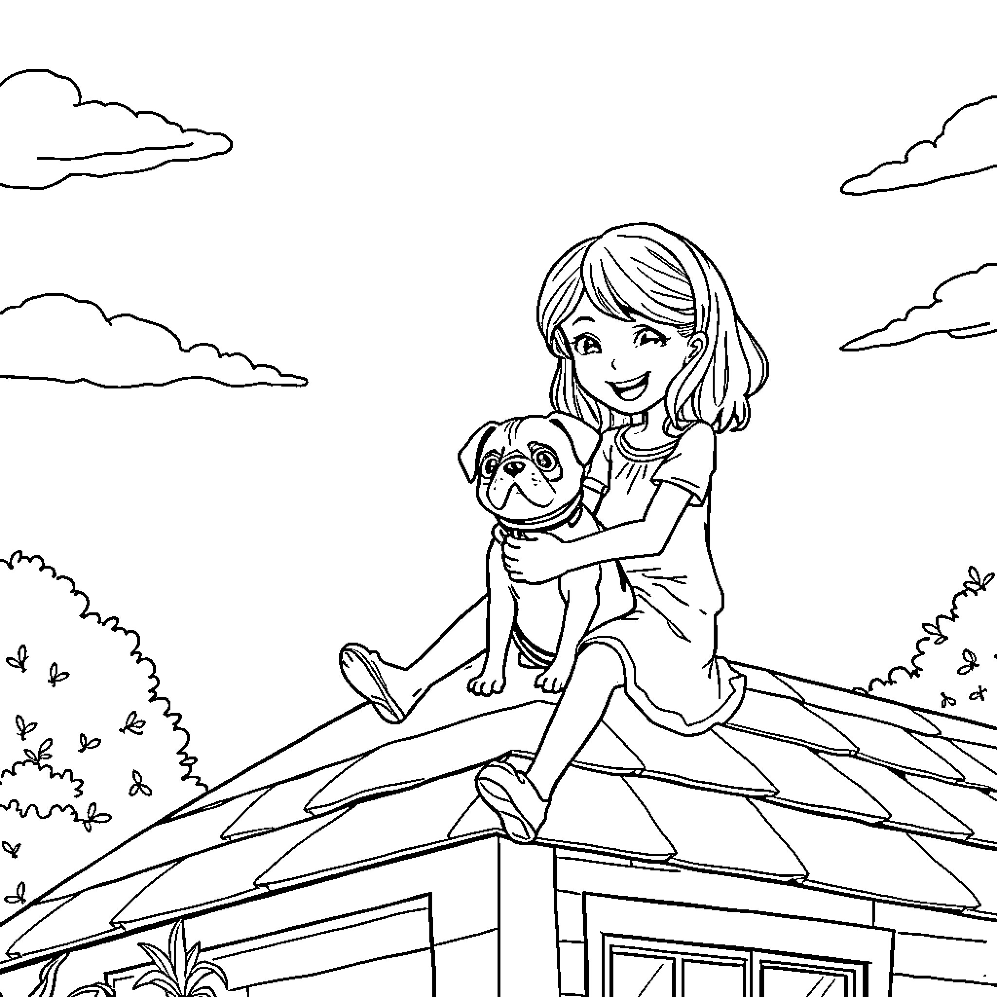 Girl playing with her pet dog on the rooftop Coloring Page (free black-and-white line drawing printable PDF for all, from beginners to advanced learners, including children, teens, adults, and seniors)