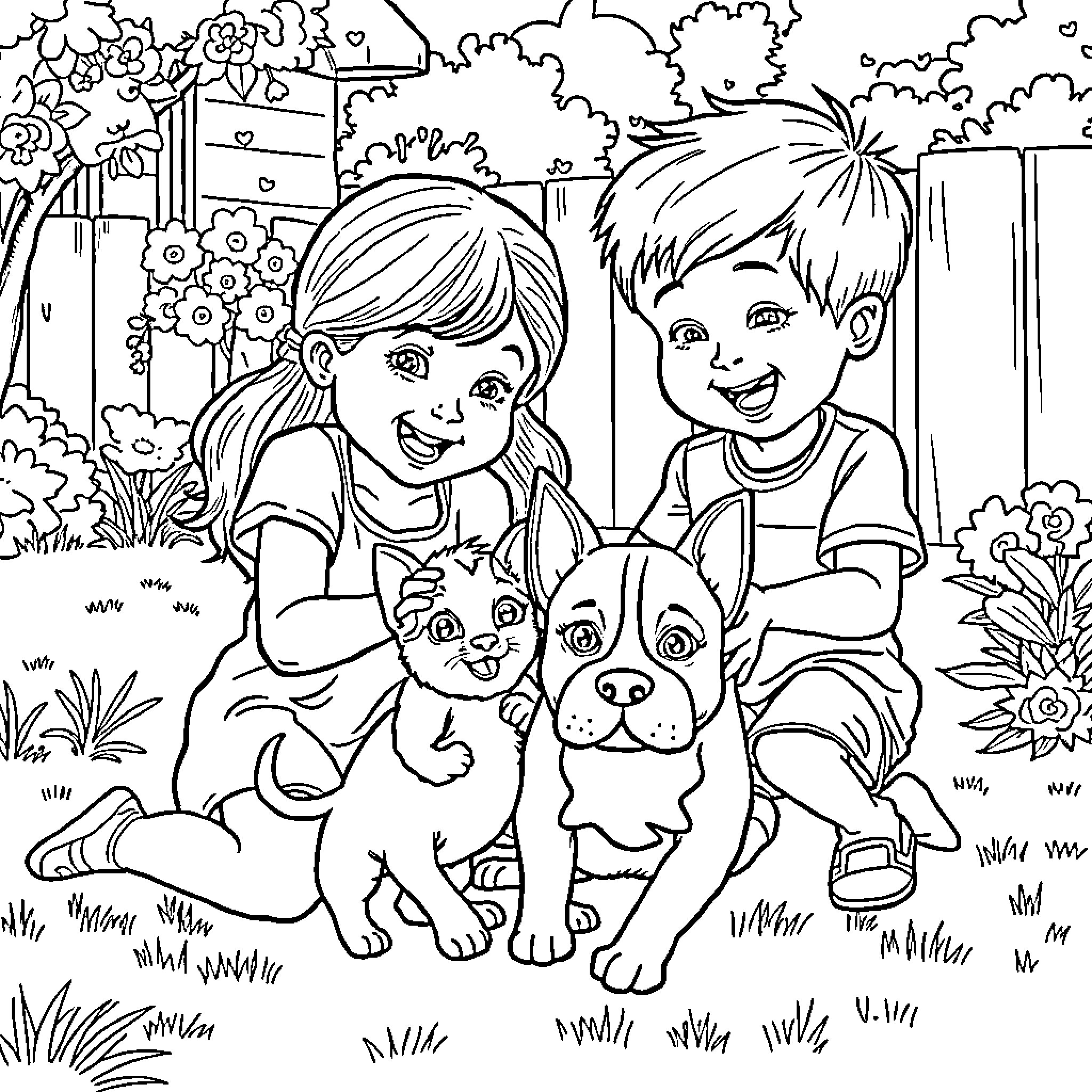 Kid friends playing with puppies in the park Coloring Page (free black-and-white line drawing printable PDF for all, from beginners to advanced learners, including children, teens, adults, and seniors)