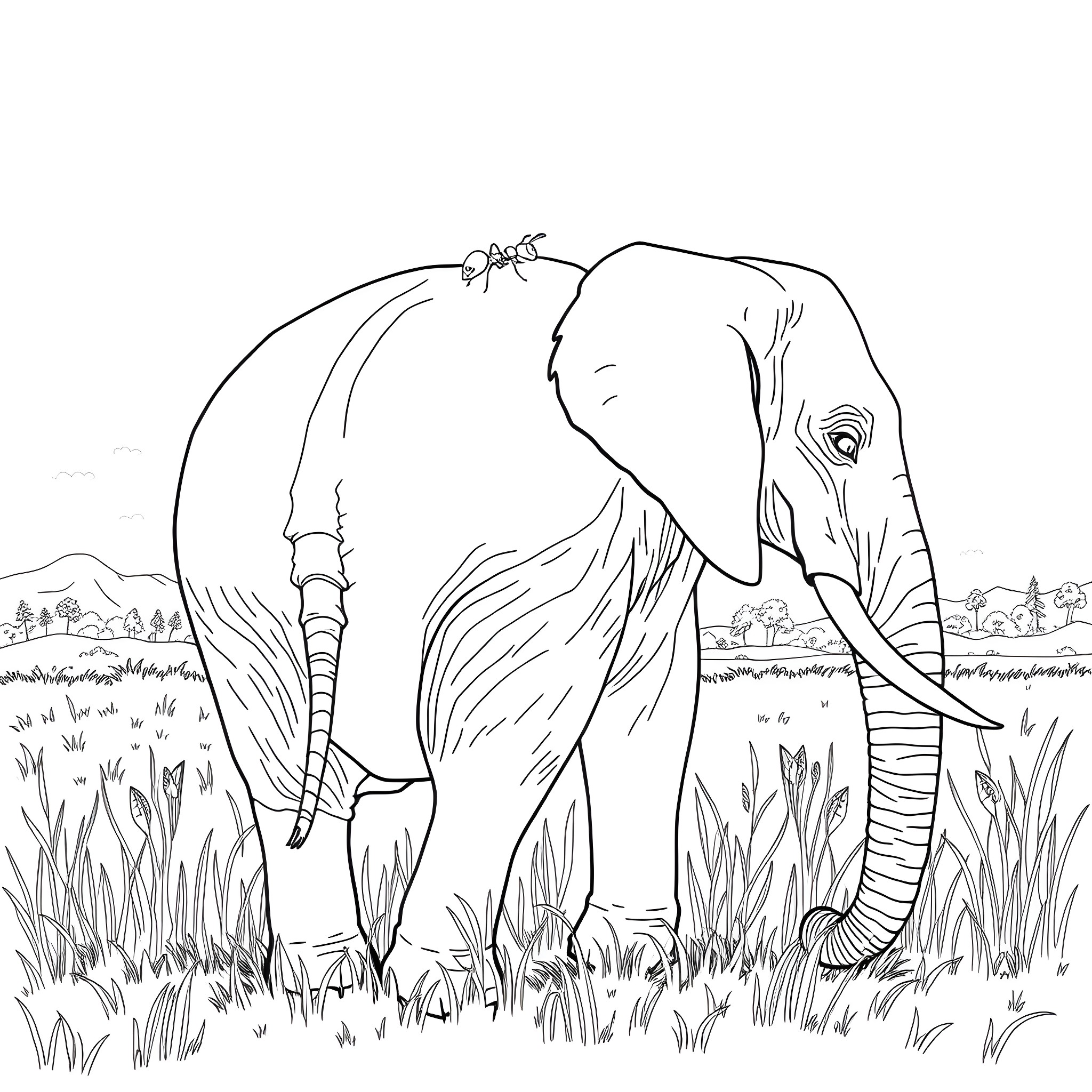 Ant-Sized Elephant Navigating Lush Grasslands Coloring Page (free black-and-white line drawing printable PDF for all, from beginners to advanced learners, including children, teens, adults, and seniors)