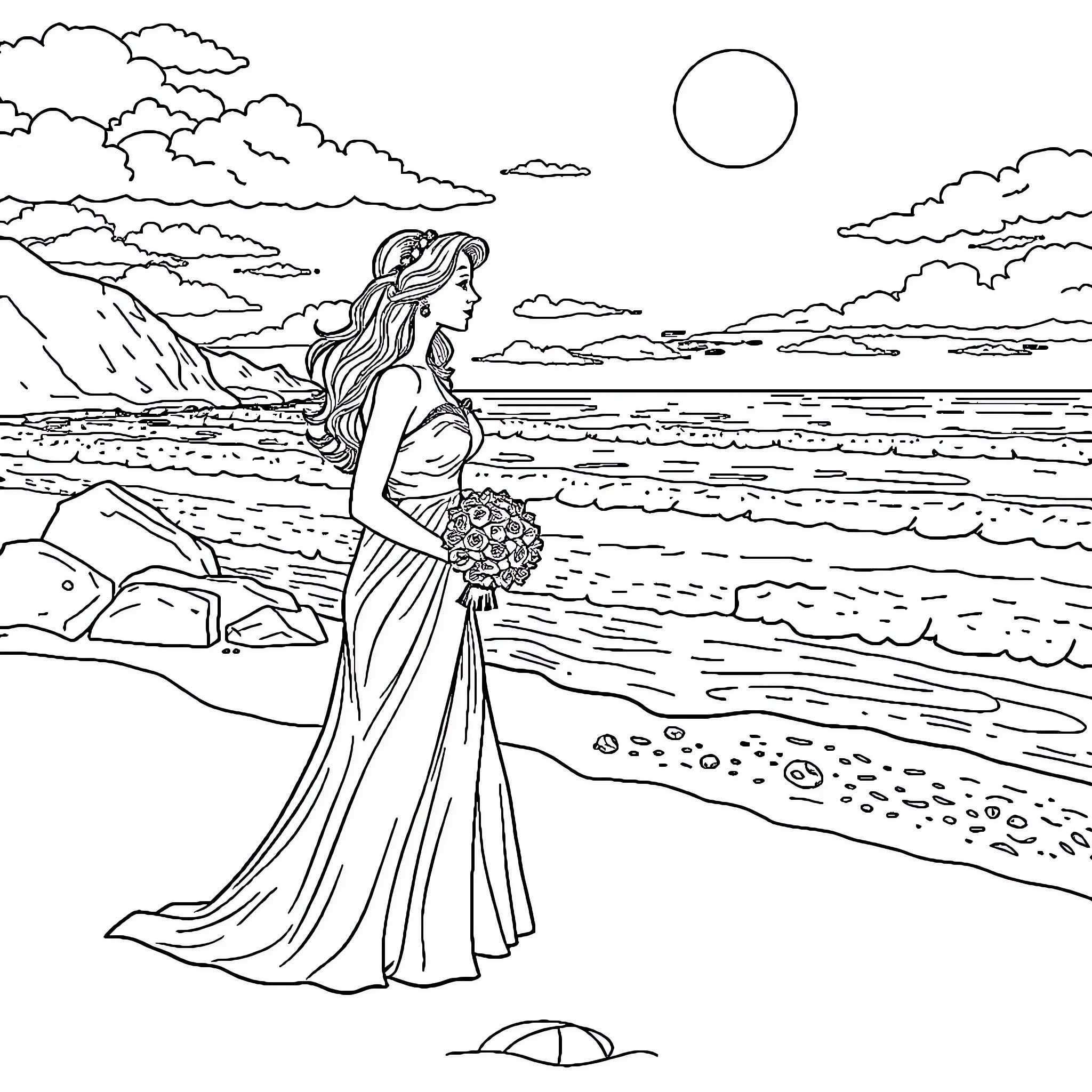 Proposal on a Serene Beach Coloring Page (free black-and-white line drawing printable PDF for all, from beginners to advanced learners, including children, teens, adults, and seniors)