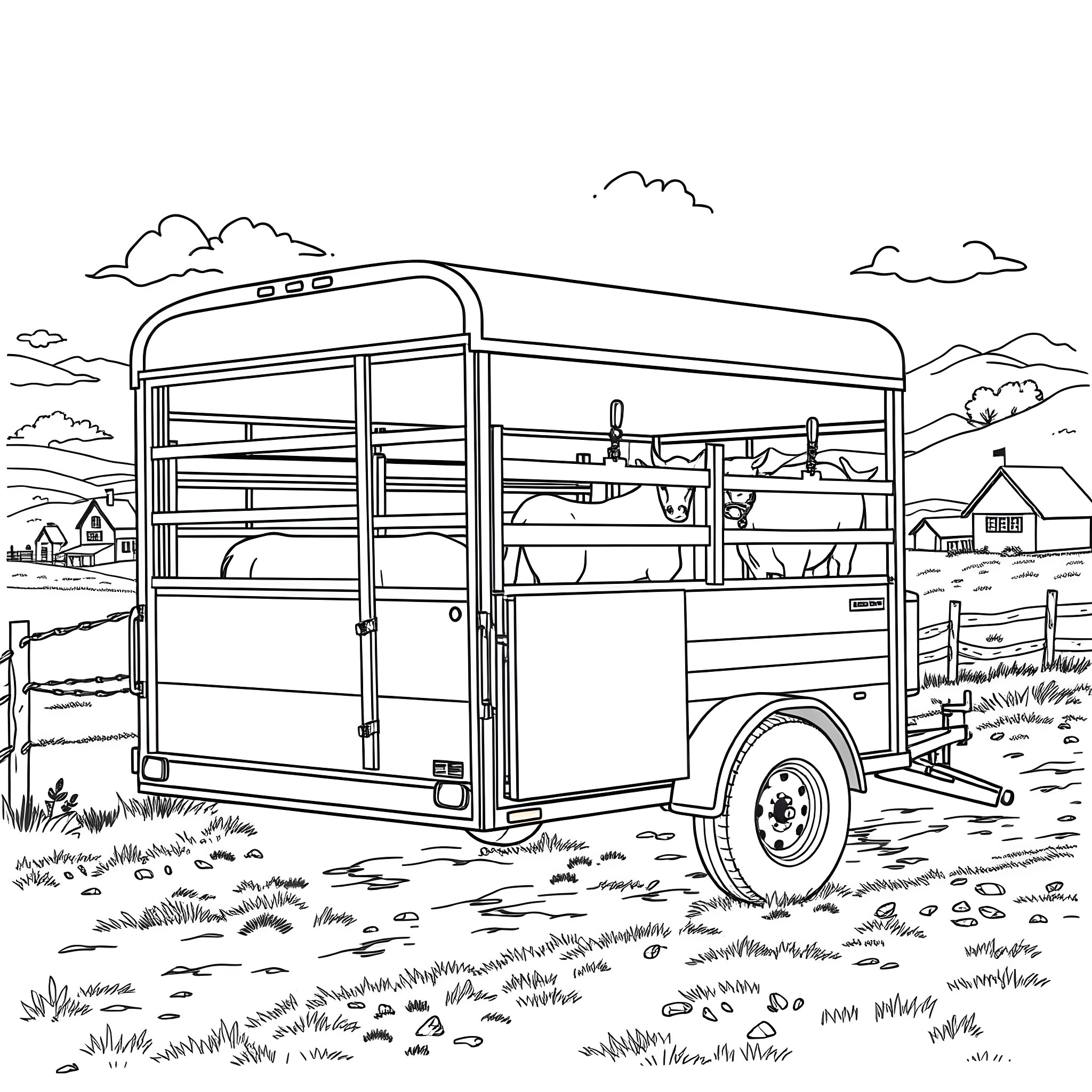 Livestock Trailer transporting animals in rural landscape Coloring Page (free black-and-white line drawing printable PDF for all, from beginners to advanced learners, including children, teens, adults, and seniors)