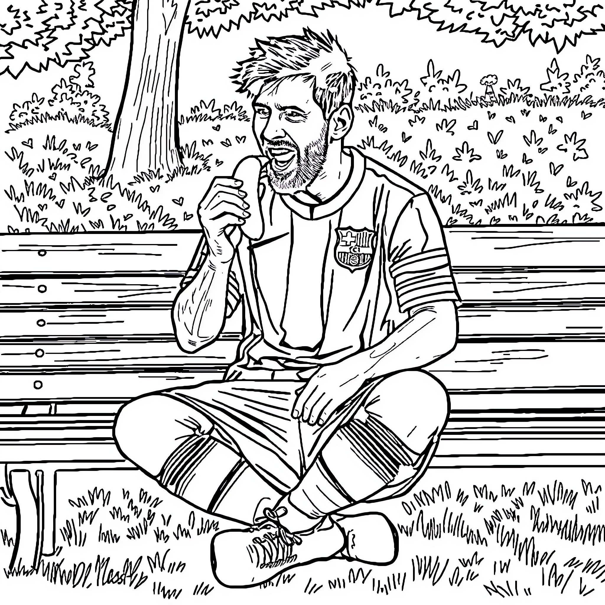 Lionel Messi relaxing outdoors in a natural setting Coloring Page (free black-and-white line drawing printable PDF for all, from beginners to advanced learners, including children, teens, adults, and seniors)