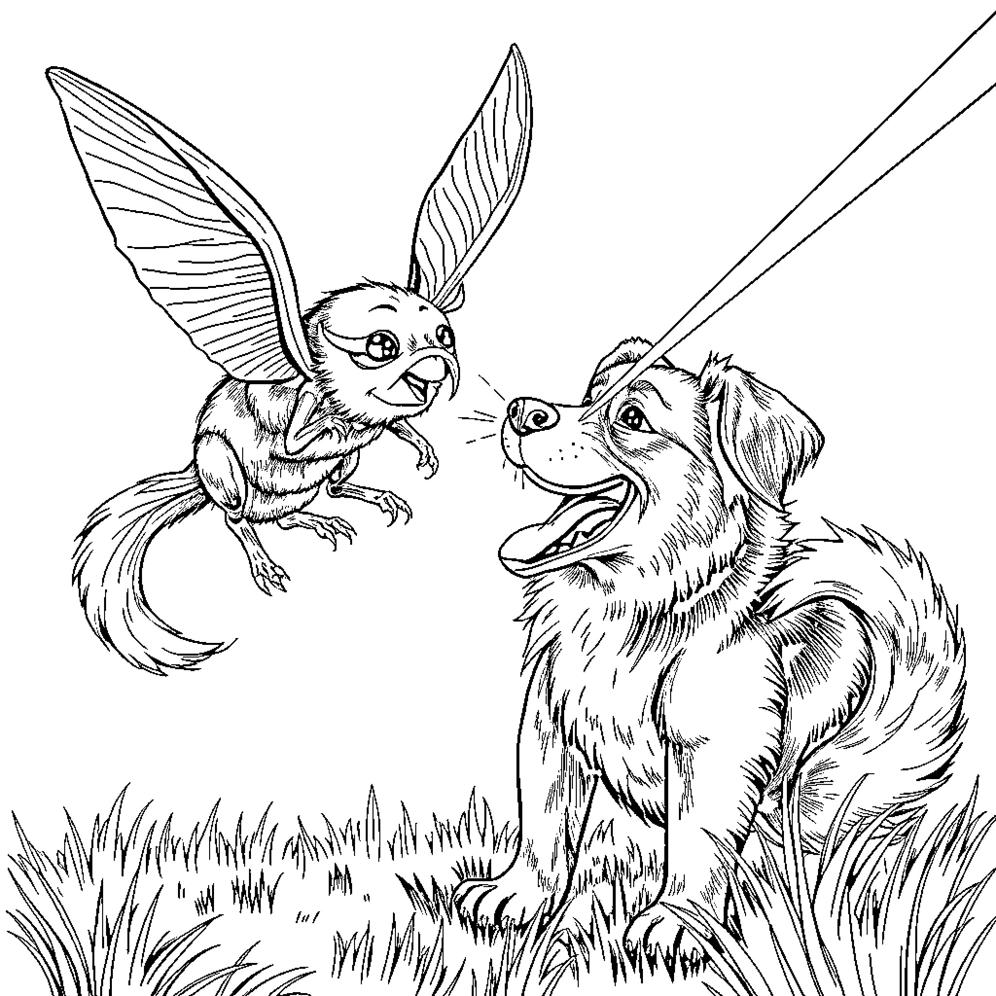 Dog and Mythical Creature Playing Outdoors Coloring Page (free black-and-white line drawing printable PDF for all, from beginners to advanced learners, including children, teens, adults, and seniors)