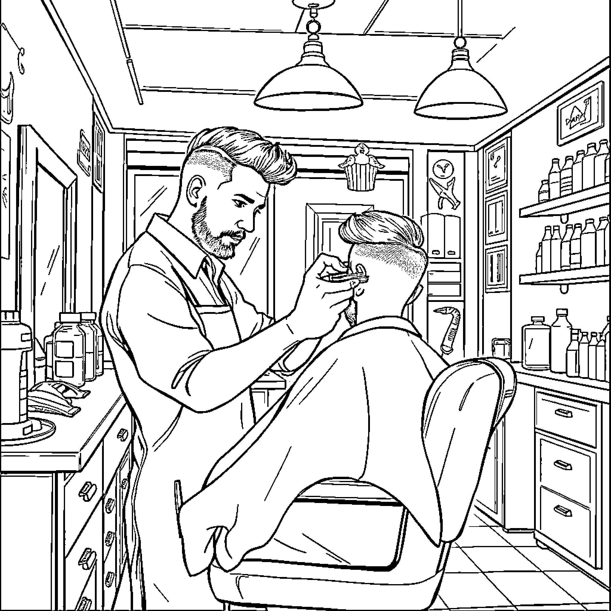 Barber serving customer in vintage shop interior Coloring Page (free black-and-white line drawing printable PDF for all, from beginners to advanced learners, including children, teens, adults, and seniors)