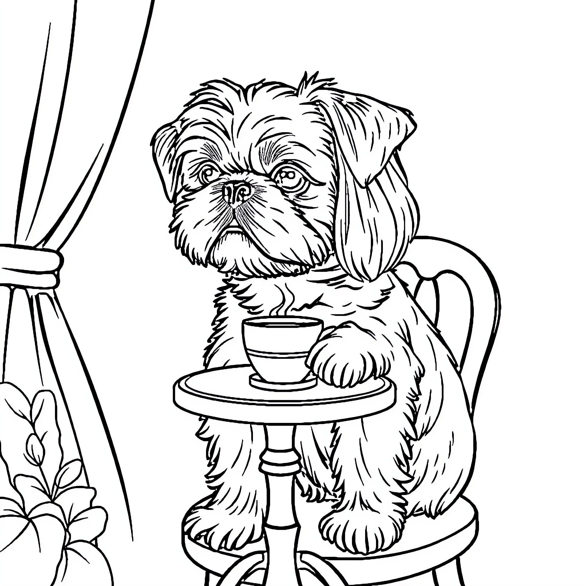 Shih Tzu enjoying a cup of tea Coloring Page (free black-and-white line drawing printable PDF for all, from beginners to advanced learners, including children, teens, adults, and seniors)