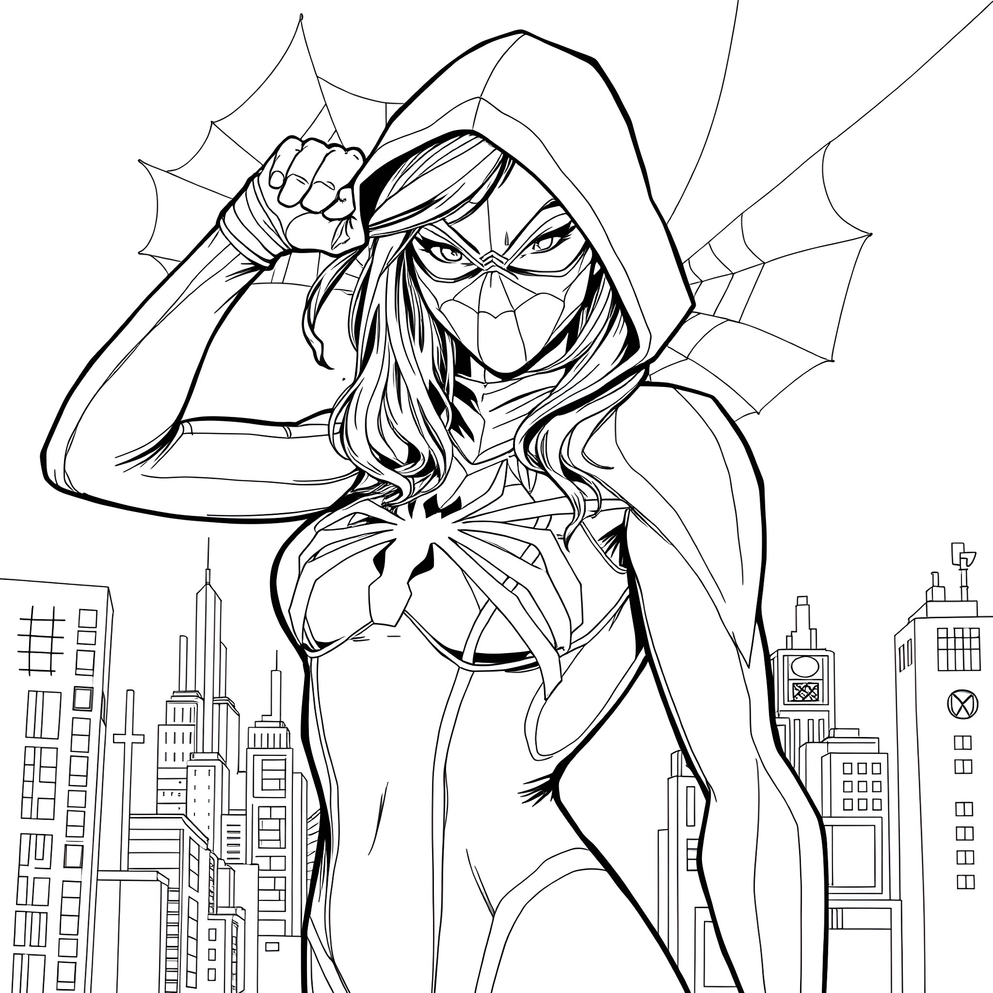 Gwen Stacy the Superhero in Action Coloring Page (free black-and-white line drawing printable PDF for all, from beginners to advanced learners, including children, teens, adults, and seniors)