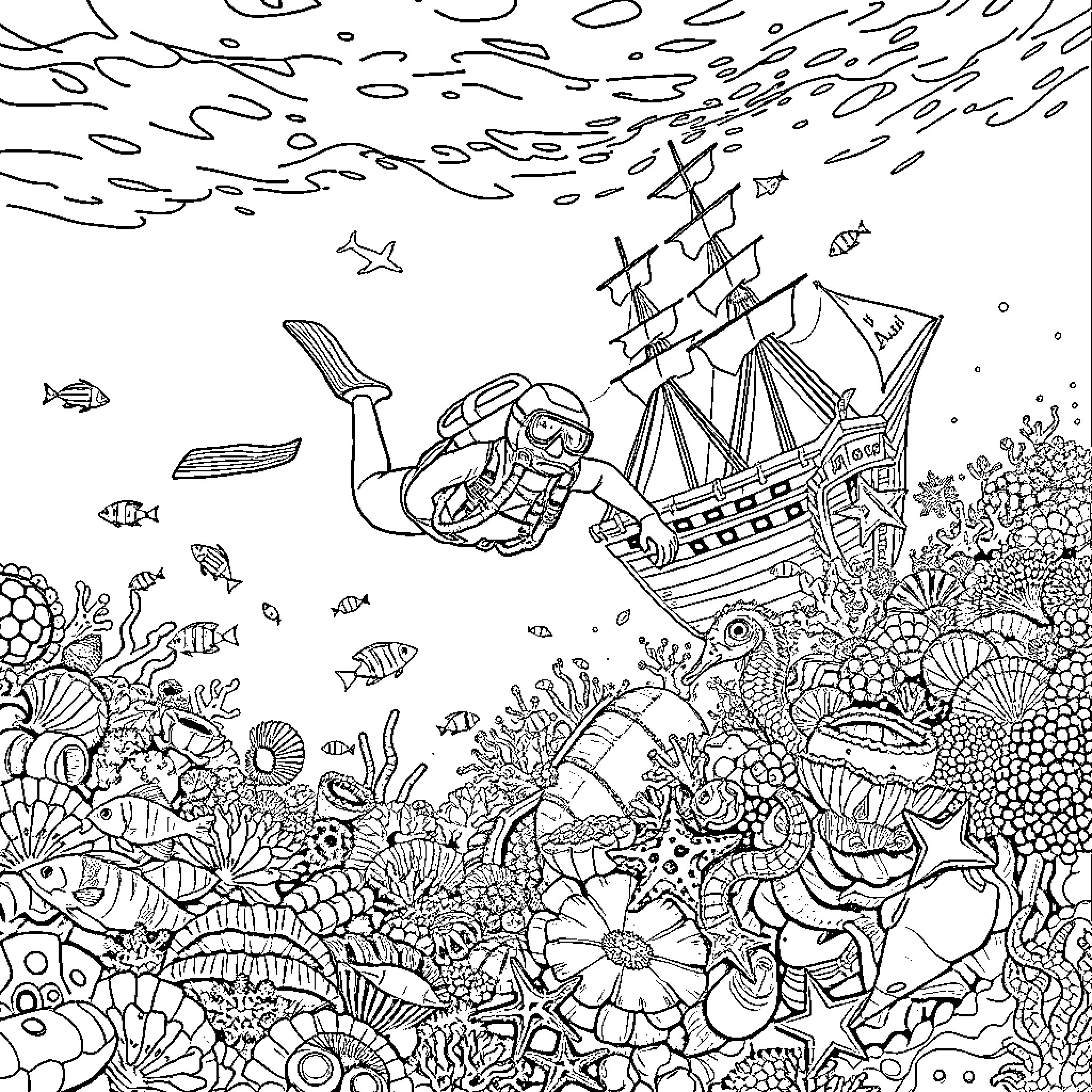 Scuba Diver Exploring Vibrant Underwater Shipwreck Scene Coloring Page (free black-and-white line drawing printable PDF for all, from beginners to advanced learners, including children, teens, adults, and seniors)