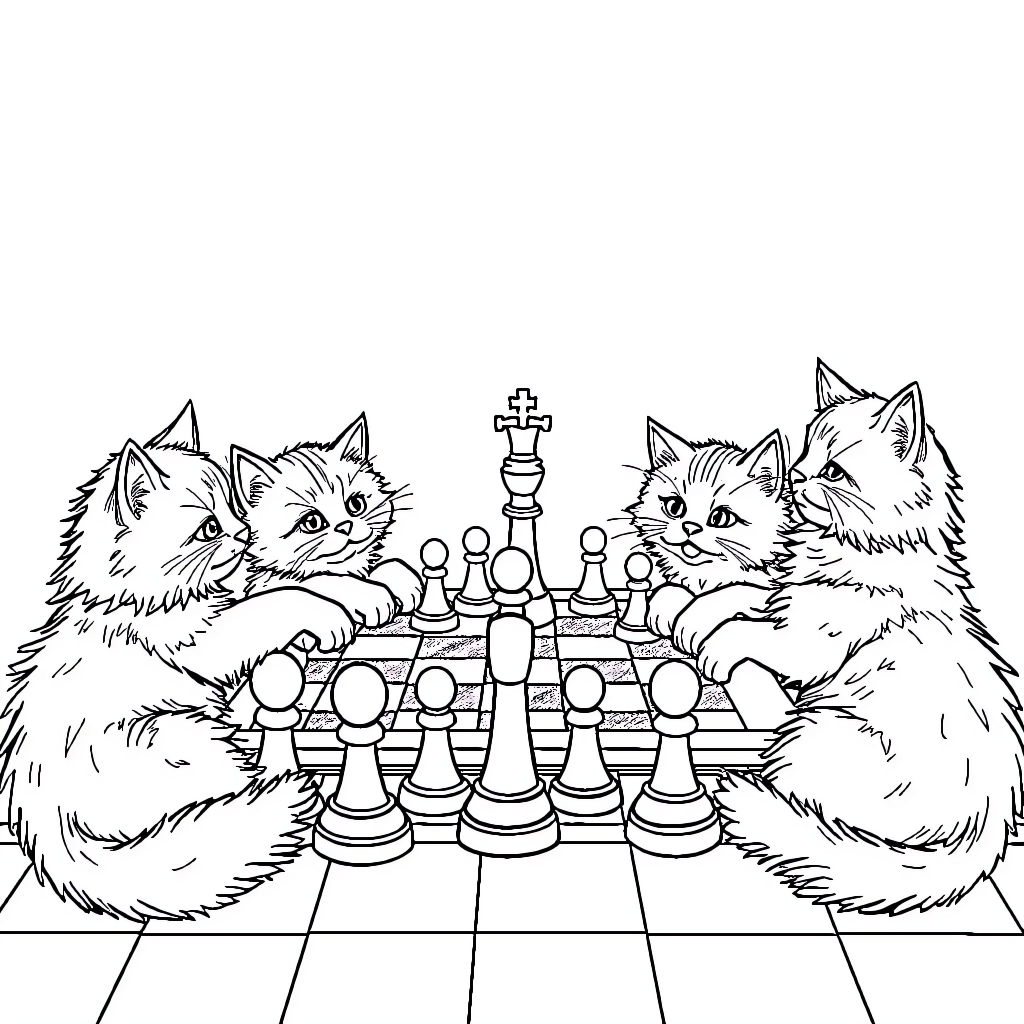 Cats Playing Chess on Chessboard Coloring Page (free black-and-white line drawing printable PDF for all, from beginners to advanced learners, including children, teens, adults, and seniors)