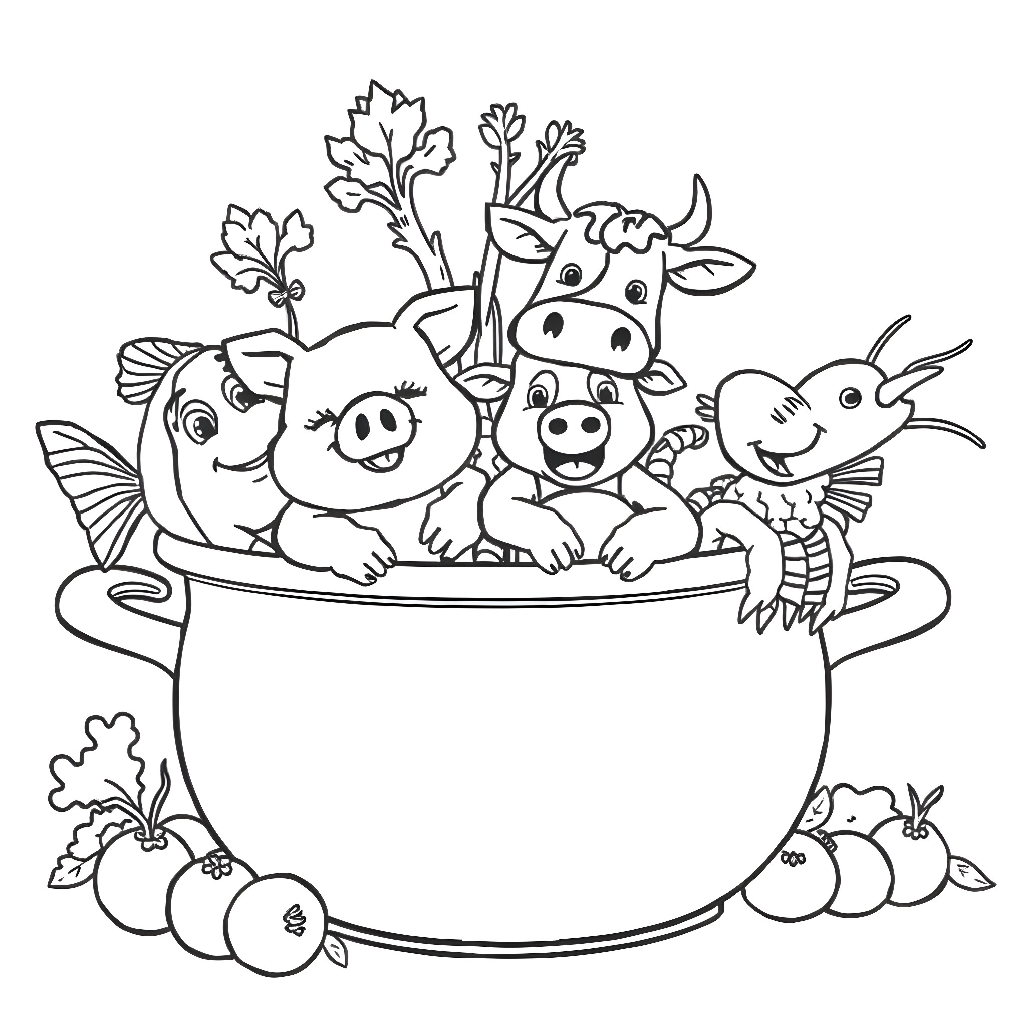 Animal friends in cooking pot with vegetables Coloring Page (free black-and-white line drawing printable PDF for all, from beginners to advanced learners, including children, teens, adults, and seniors)