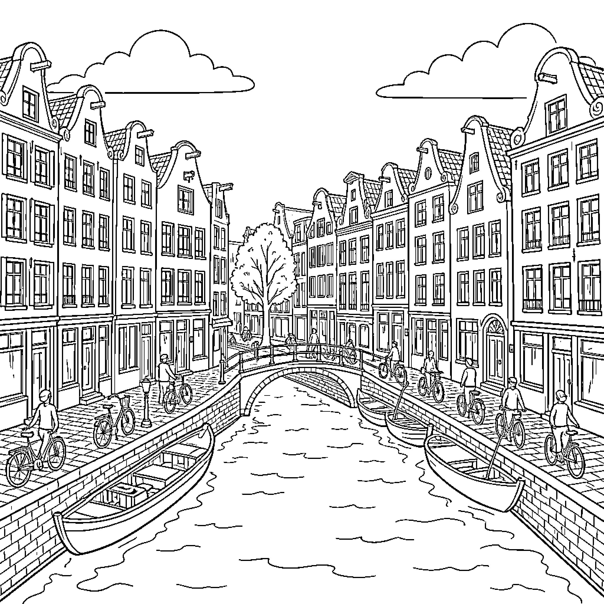 Amsterdam Cityscape with Canals and Bicycles Coloring Page (free black-and-white line drawing printable PDF for all, from beginners to advanced learners, including children, teens, adults, and seniors)