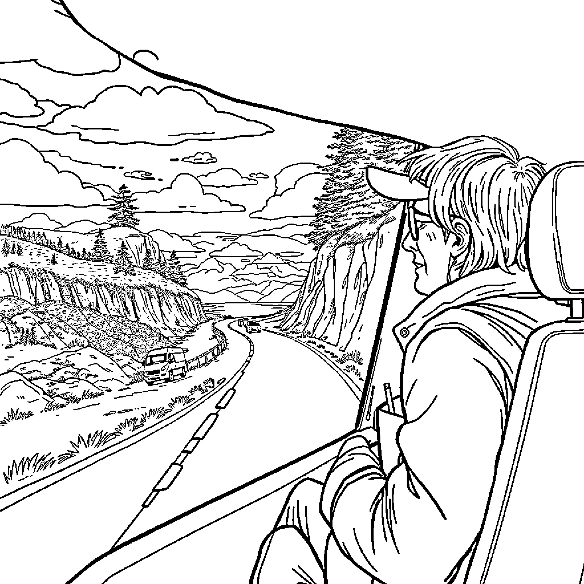 Mike's Journey Through the Scenic Countryside Coloring Page (free black-and-white line drawing printable PDF for all, from beginners to advanced learners, including children, teens, adults, and seniors)