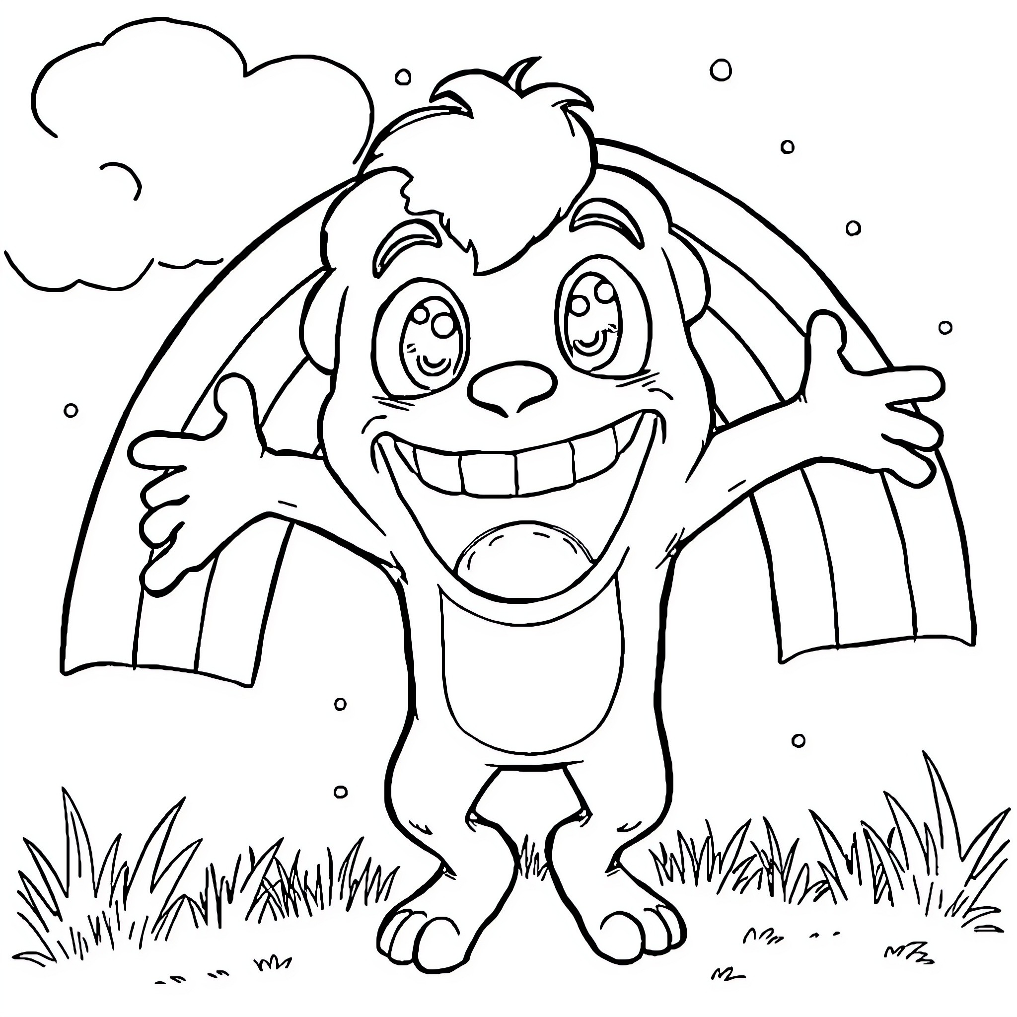 Rainbow Friend Joyfully Embracing the Outdoors Coloring Page (free black-and-white line drawing printable PDF for all, from beginners to advanced learners, including children, teens, adults, and seniors)