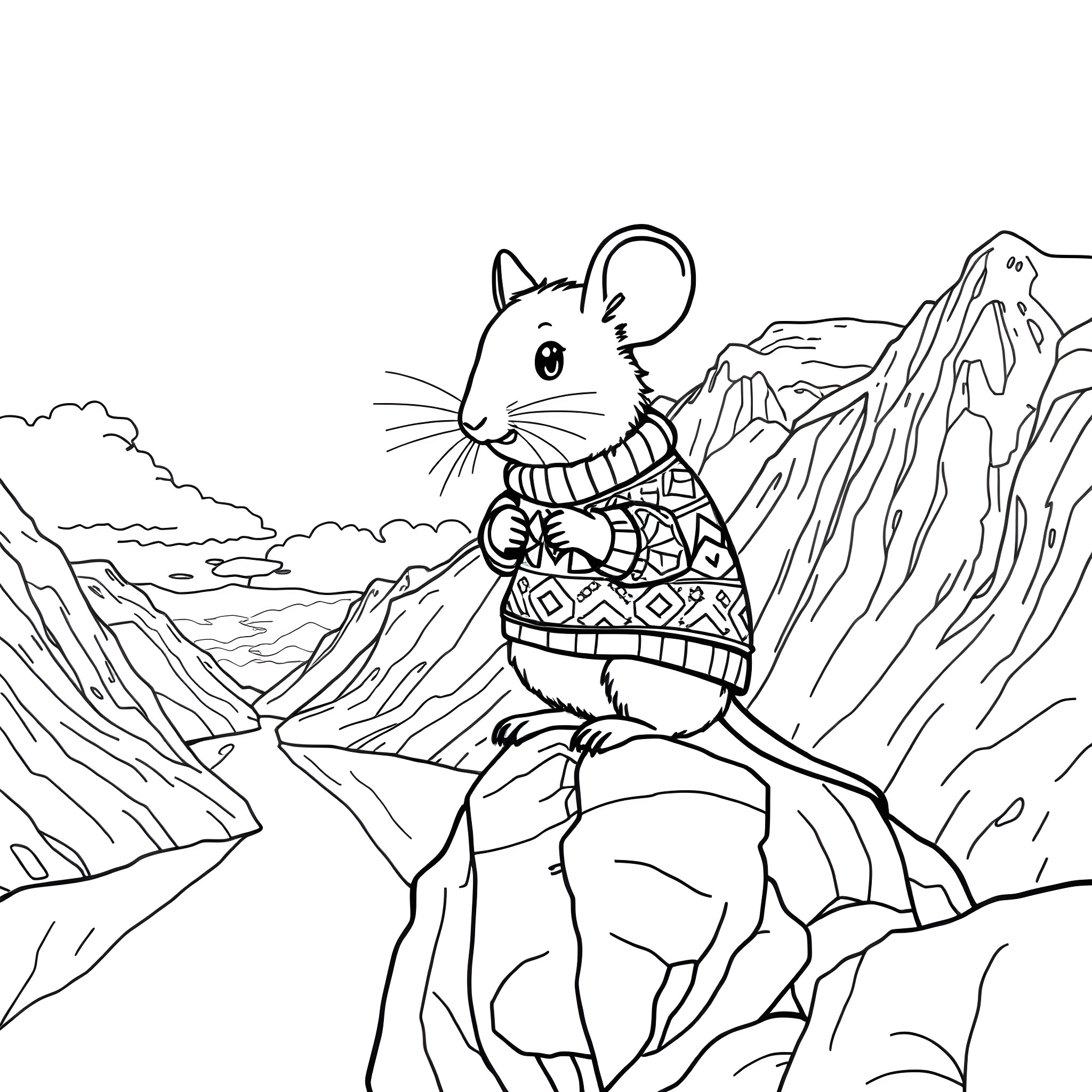 Mouse in festive attire exploring mountainous landscape Coloring Page (free black-and-white line drawing printable PDF for all, from beginners to advanced learners, including children, teens, adults, and seniors)
