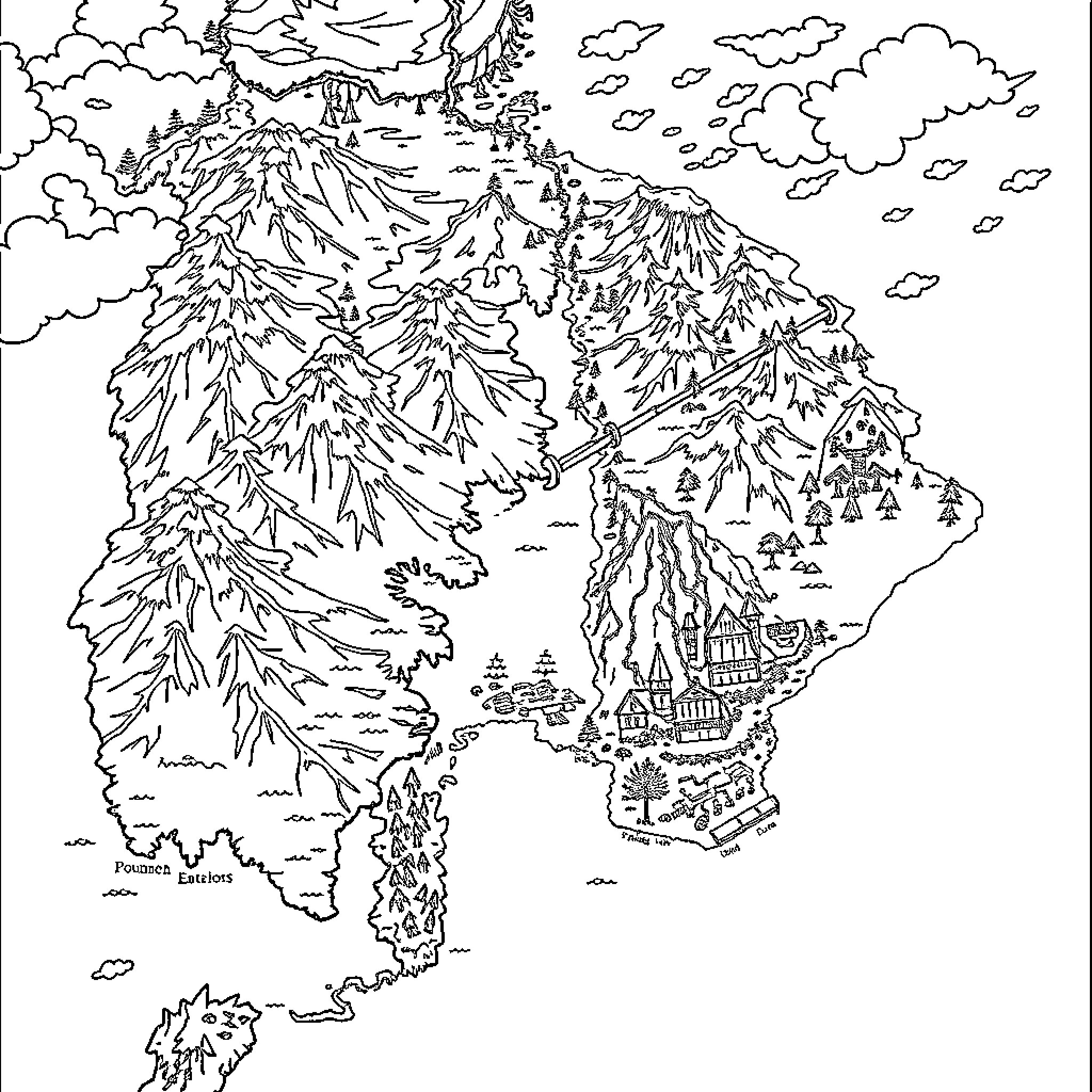 Map of fantasy landscape with mountains and villages Coloring Page (free black-and-white line drawing printable PDF for all, from beginners to advanced learners, including children, teens, adults, and seniors)