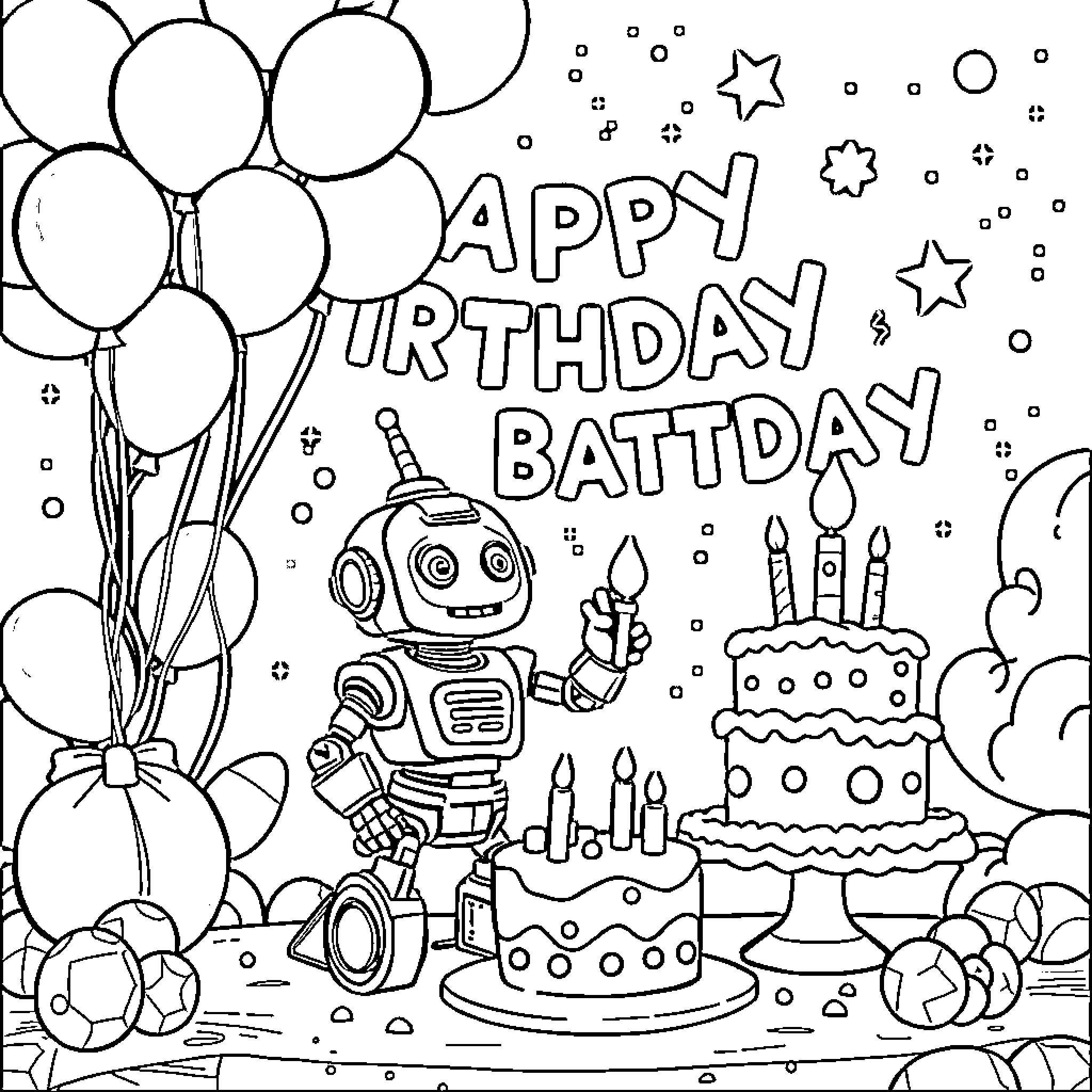 Astro Bot's Joyous Birthday Celebration Coloring Page (free black-and-white line drawing printable PDF for all, from beginners to advanced learners, including children, teens, adults, and seniors)