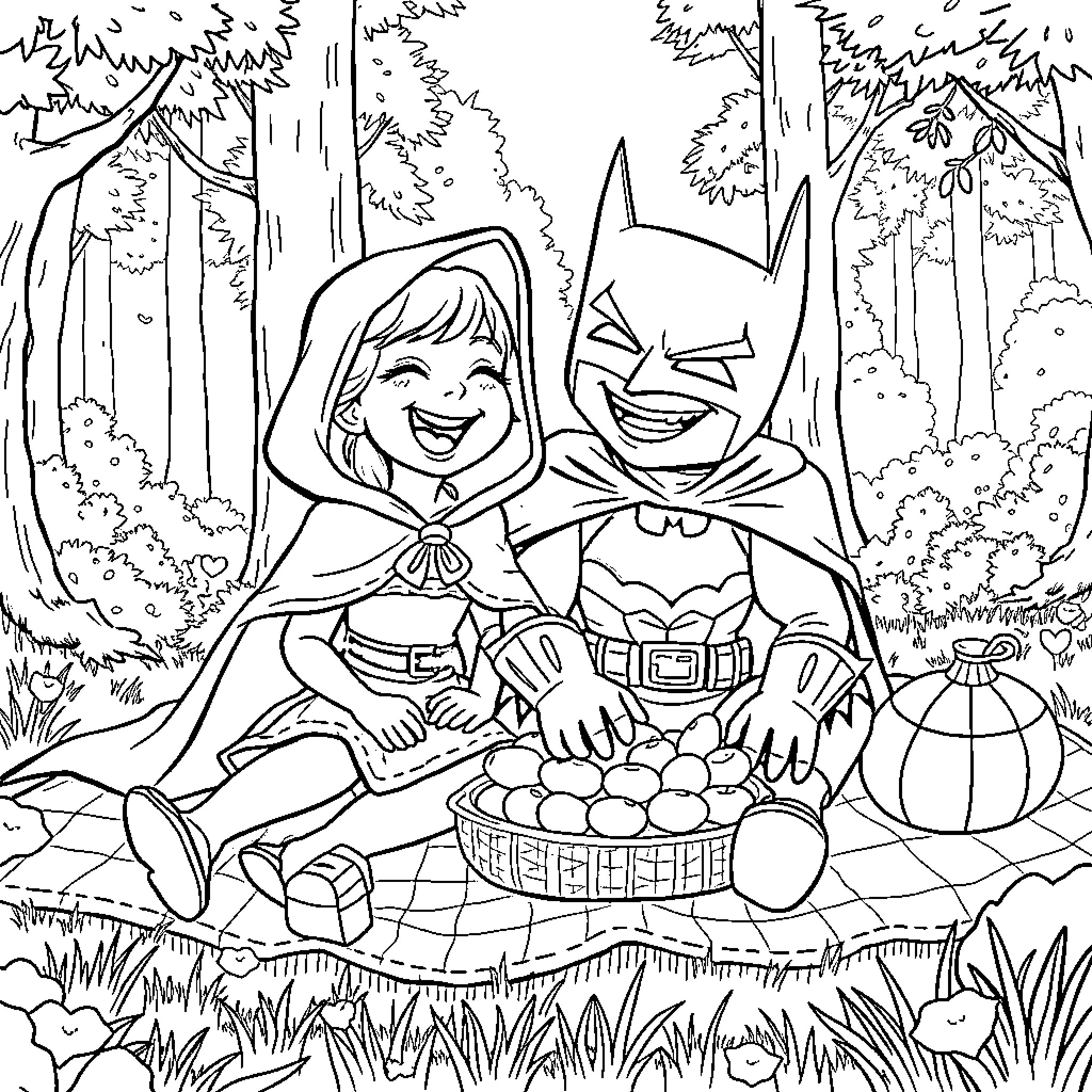 Little Red Riding Hood and Batman Enjoy a Picnic in the Forest Coloring Page (free black-and-white line drawing printable PDF for all, from beginners to advanced learners, including children, teens, adults, and seniors)