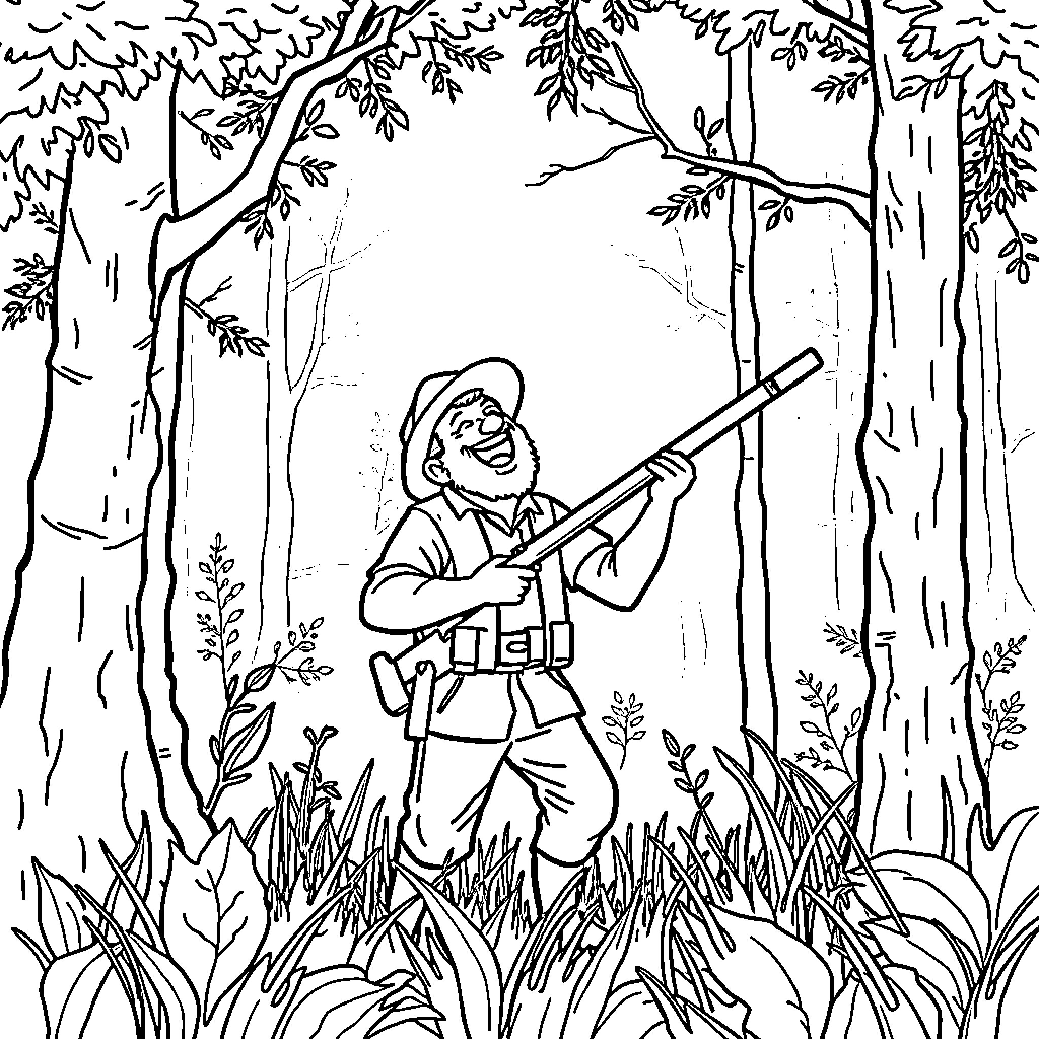 Hunter enjoying the forest with rifle Coloring Page (free black-and-white line drawing printable PDF for all, from beginners to advanced learners, including children, teens, adults, and seniors)