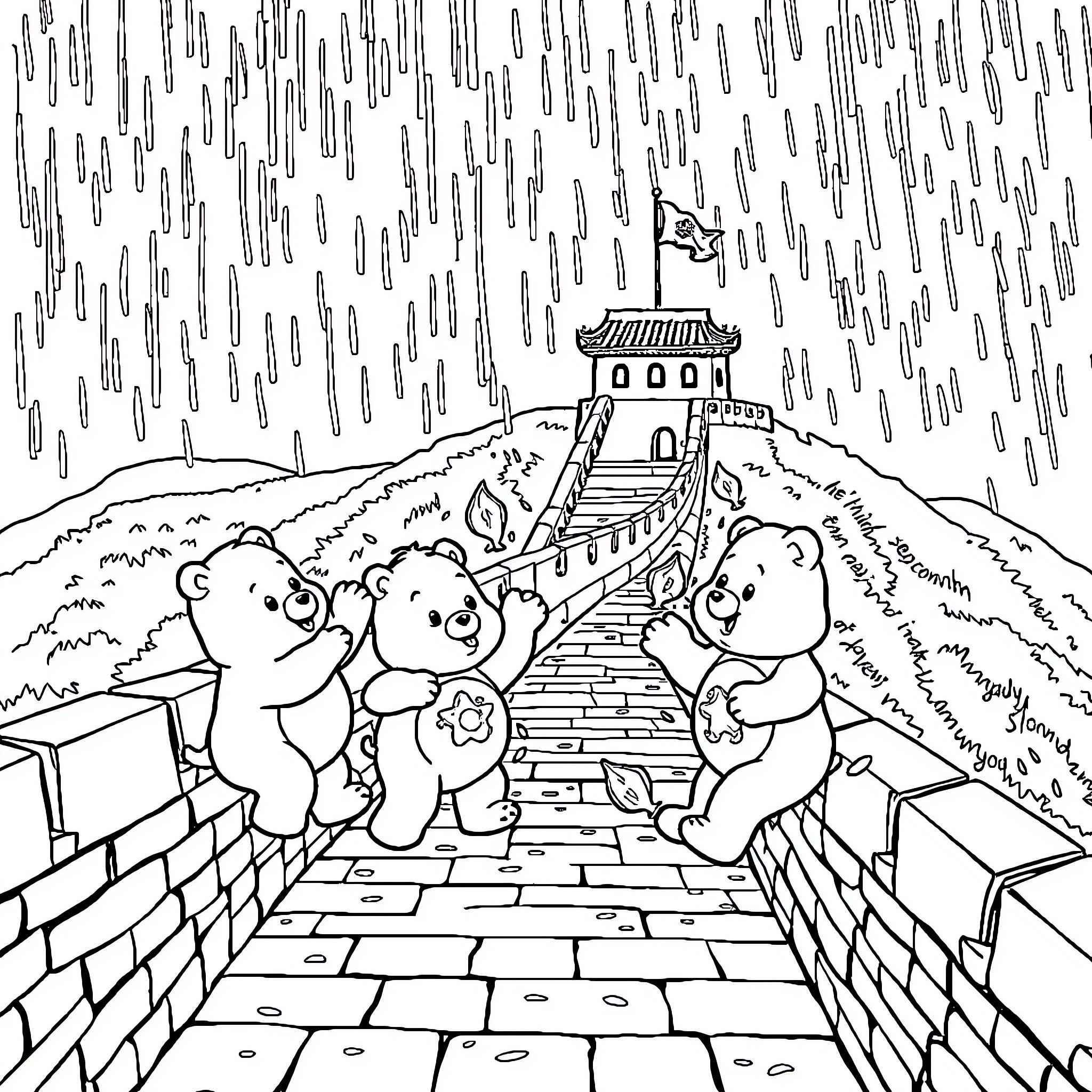 Care Bear Friends Exploring an Ancient Temple Coloring Page (free black-and-white line drawing printable PDF for all, from beginners to advanced learners, including children, teens, adults, and seniors)