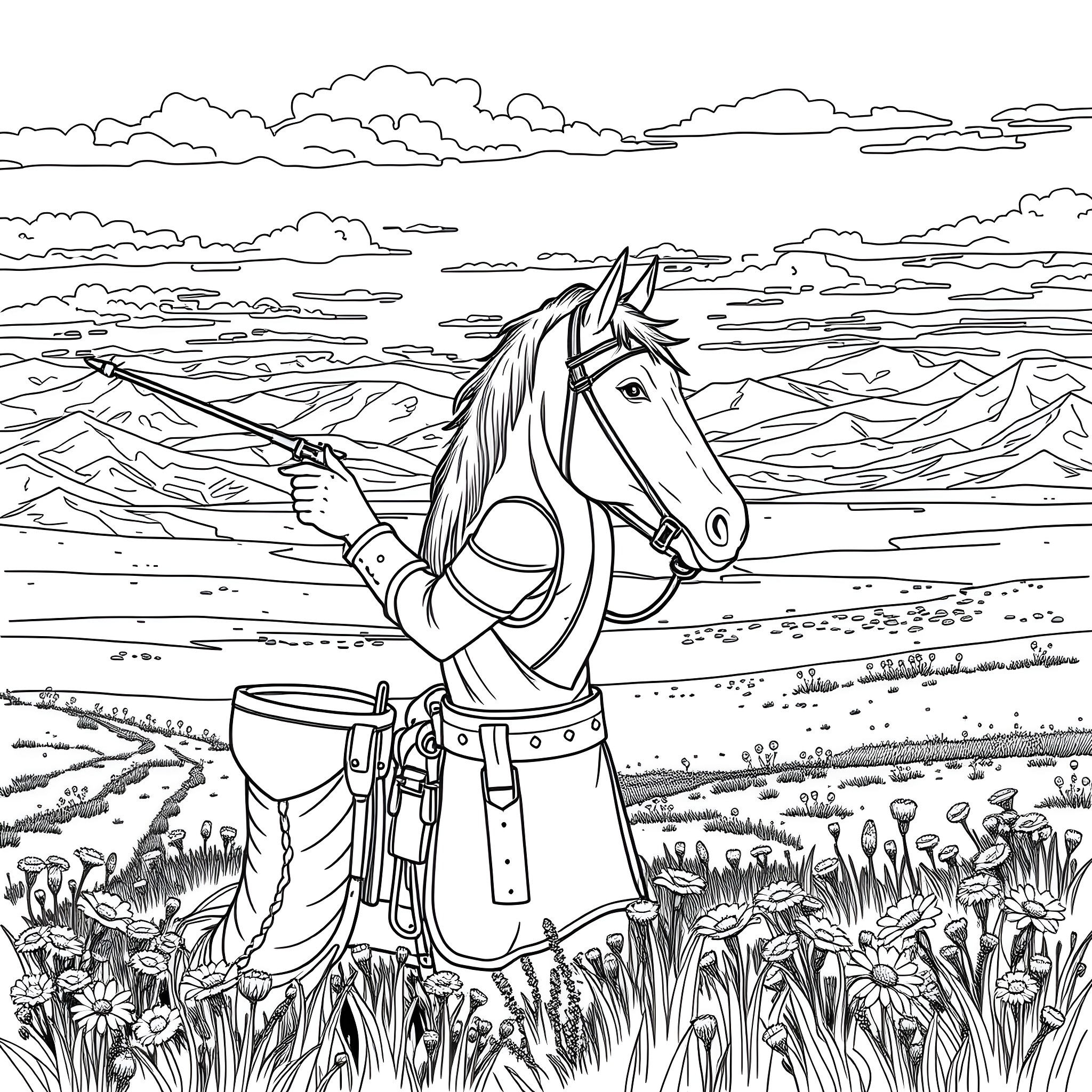 Arthur Morgan riding horse through countryside Coloring Page (free black-and-white line drawing printable PDF for all, from beginners to advanced learners, including children, teens, adults, and seniors)