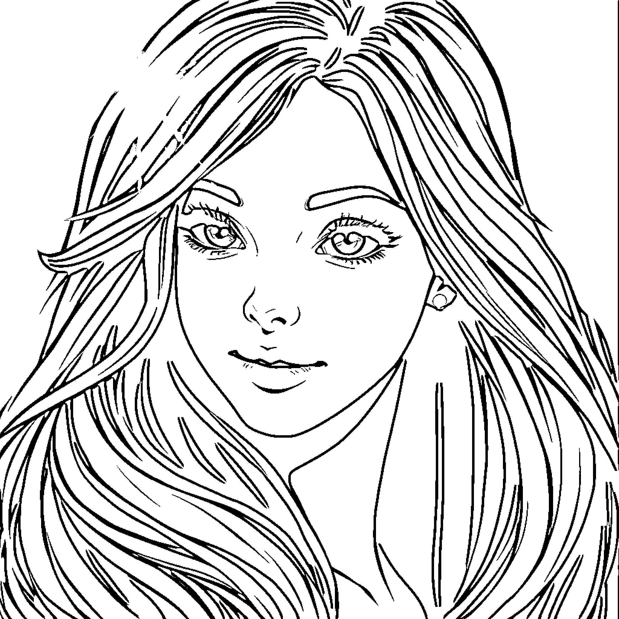 Girl with long flowing hair and thoughtful expression Coloring Page (free black-and-white line drawing printable PDF for all, from beginners to advanced learners, including children, teens, adults, and seniors)