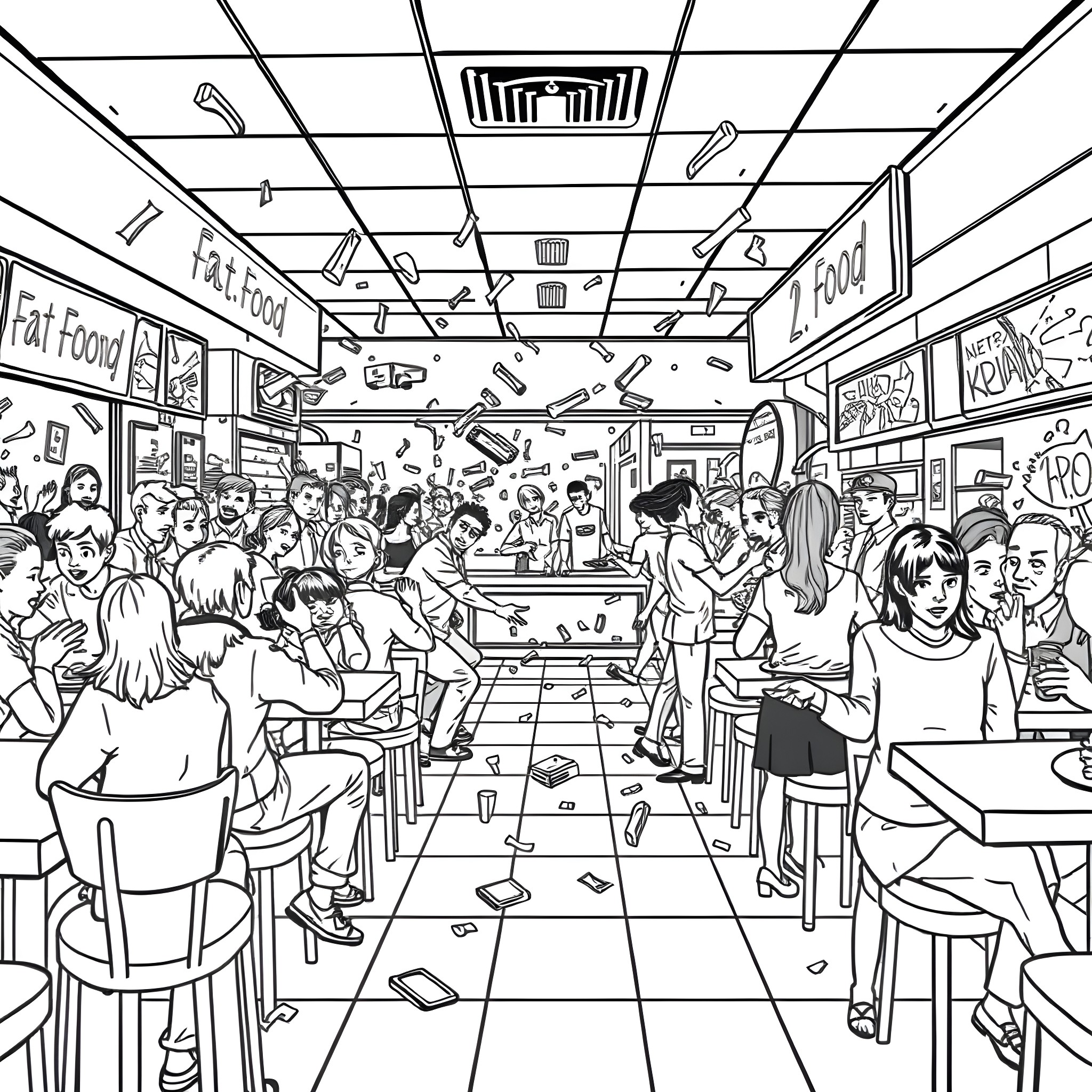 Person in crowded fast food restaurant Coloring Page (free black-and-white line drawing printable PDF for all, from beginners to advanced learners, including children, teens, adults, and seniors)