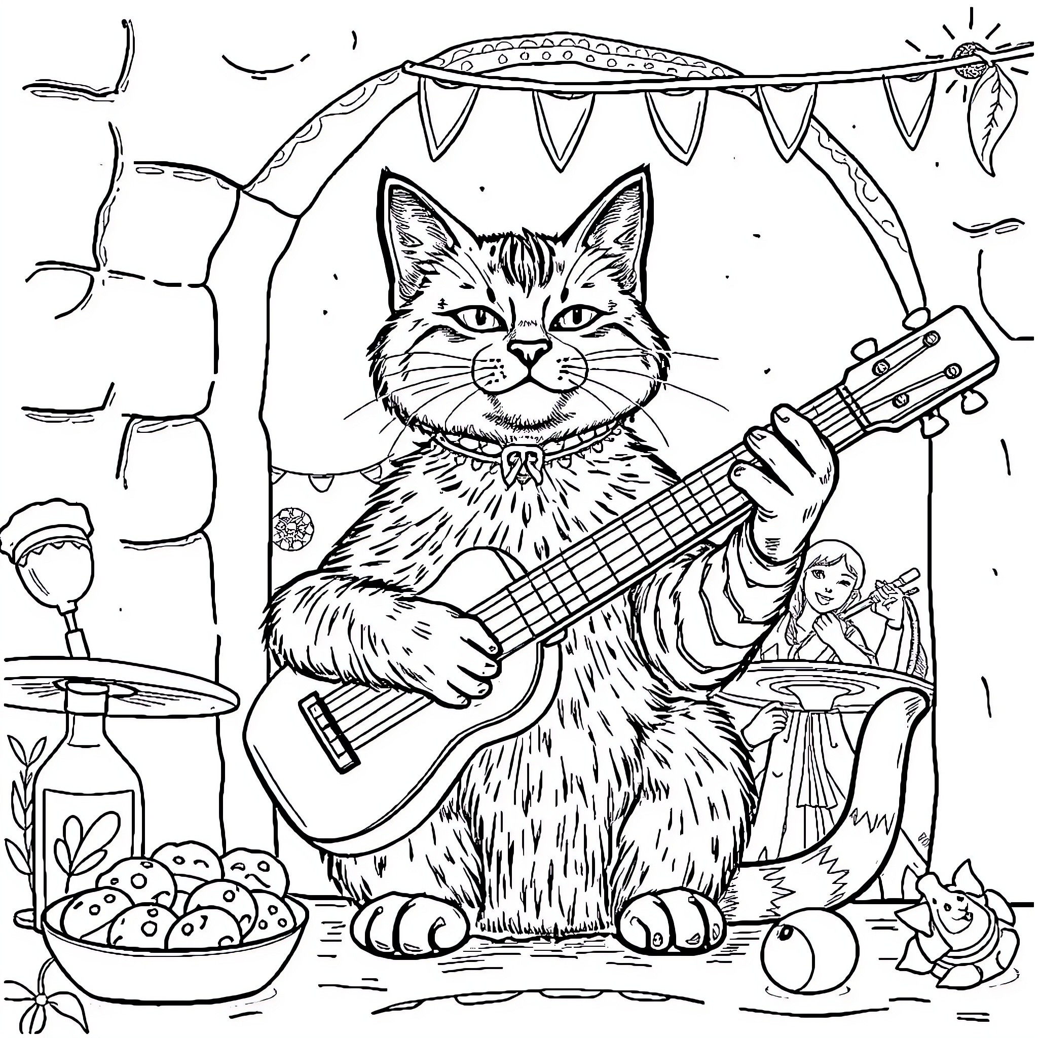 Gato playing guitar in a festive setting Coloring Page (free black-and-white line drawing printable PDF for all, from beginners to advanced learners, including children, teens, adults, and seniors)