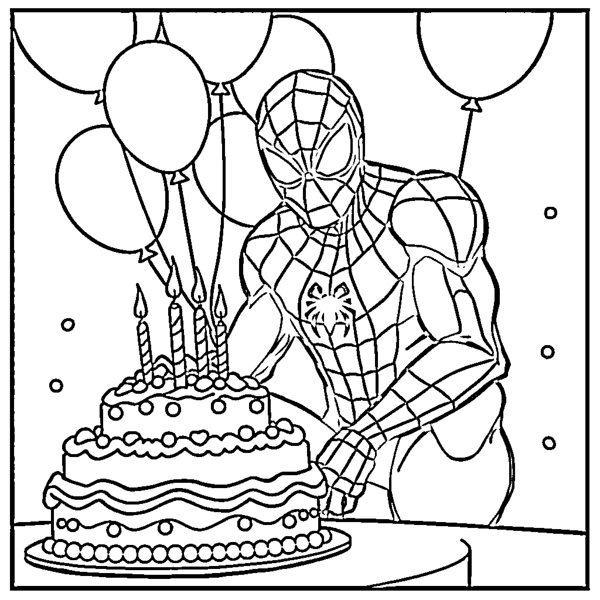 Spiderman celebrating birthday with cake and balloons Coloring Page (free black-and-white line drawing printable PDF for all, from beginners to advanced learners, including children, teens, adults, and seniors)