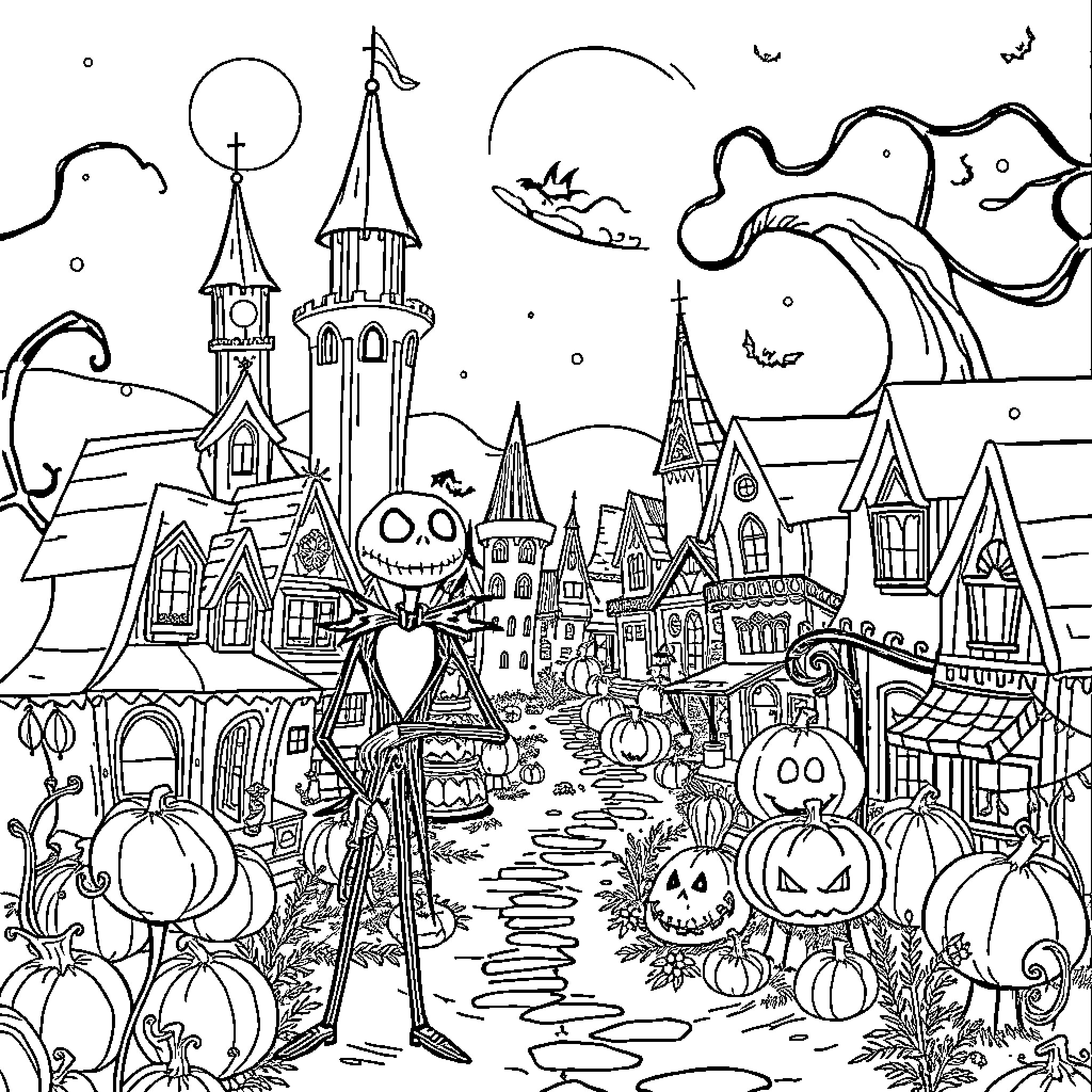 Nightmare Before Christmas Whimsical Halloween Town Coloring Page (free black-and-white line drawing printable PDF for all, from beginners to advanced learners, including children, teens, adults, and seniors)