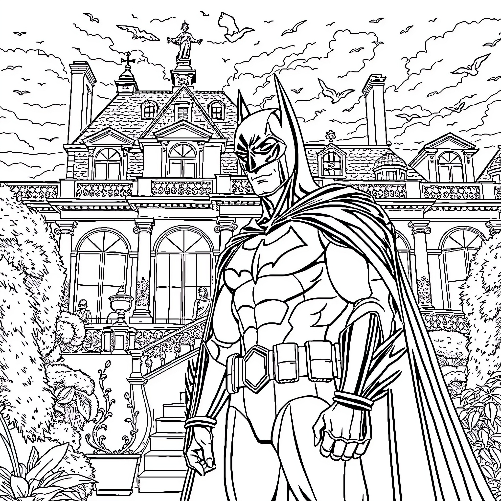 Batman Stands Guard Over Mysterious Gothic Mansion Coloring Page (free black-and-white line drawing printable PDF for all, from beginners to advanced learners, including children, teens, adults, and seniors)