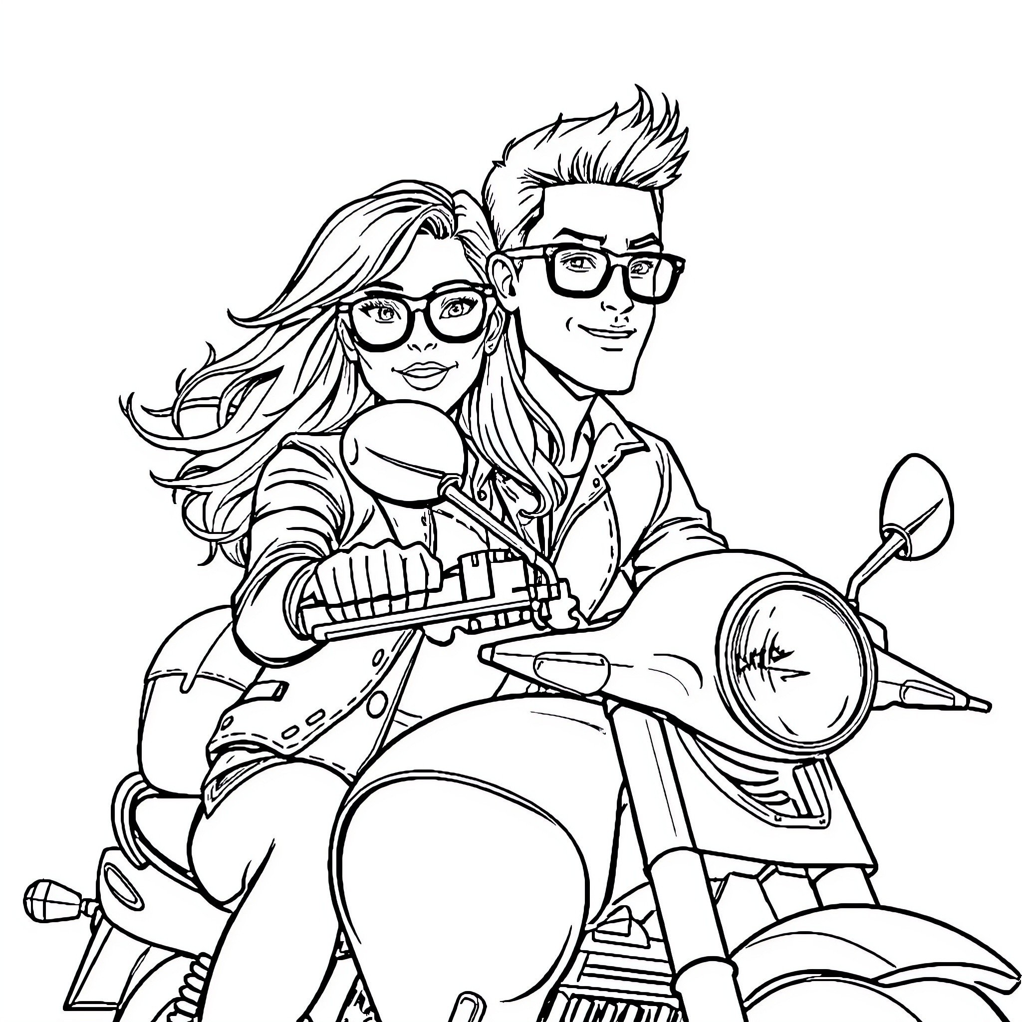 Motorbike ride with a stylish couple Coloring Page (free black-and-white line drawing printable PDF for all, from beginners to advanced learners, including children, teens, adults, and seniors)
