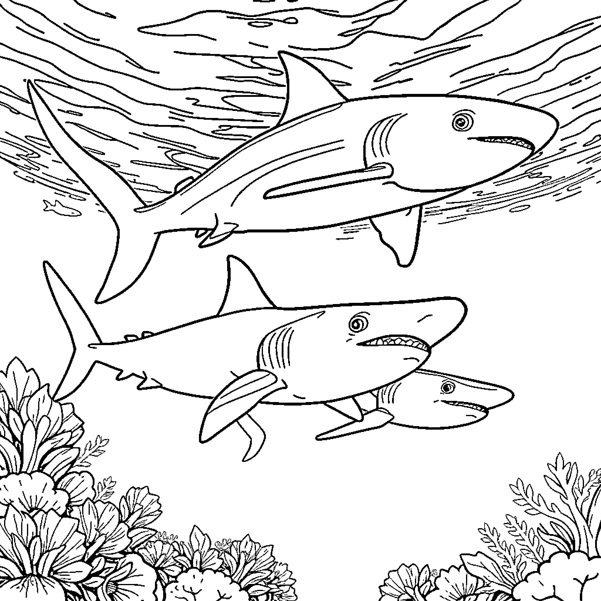 Shark family exploring underwater coral reef Coloring Page (free black-and-white line drawing printable PDF for all, from beginners to advanced learners, including children, teens, adults, and seniors)