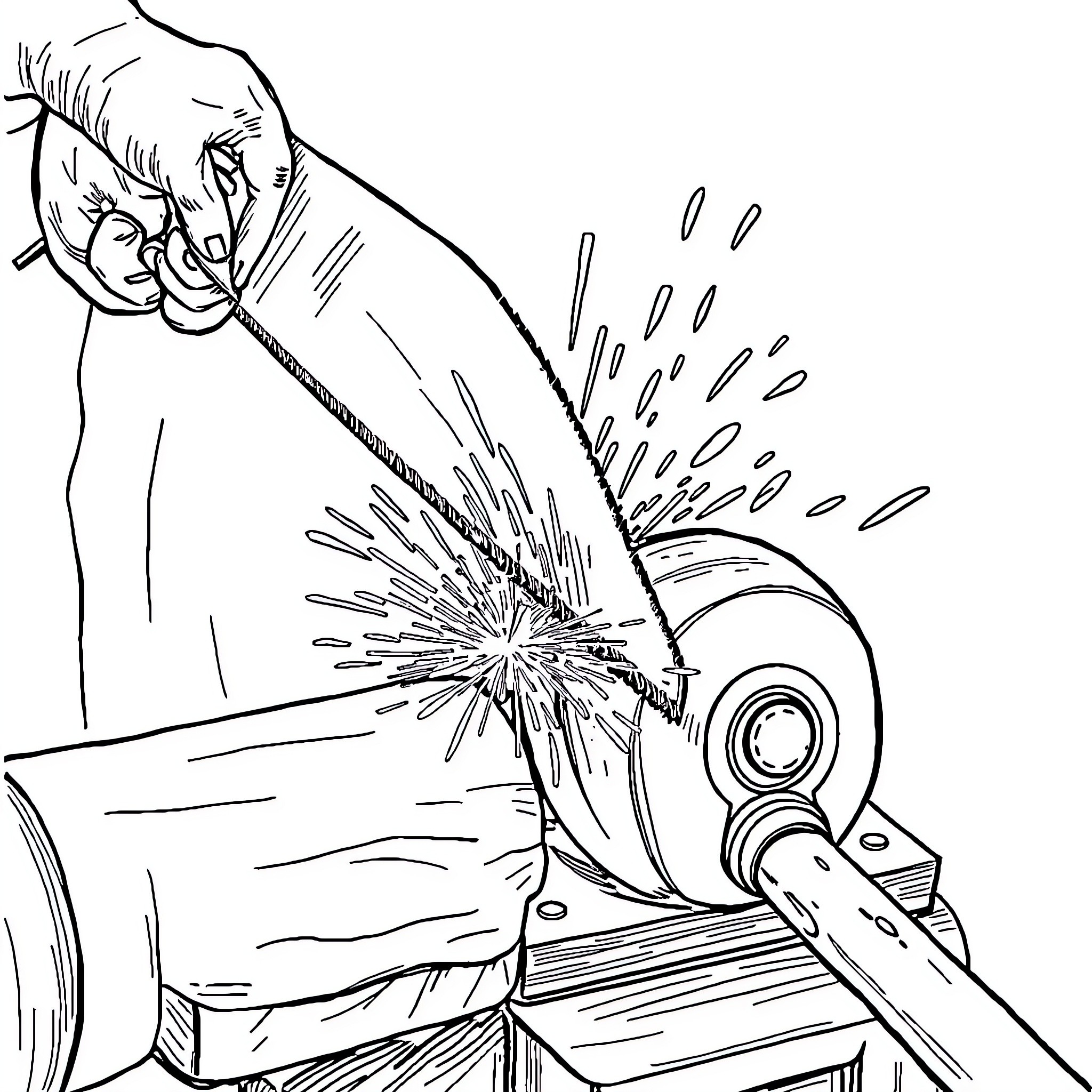 Saw Blade Cutting Through Wood Workpiece Coloring Page (free black-and-white line drawing printable PDF for all, from beginners to advanced learners, including children, teens, adults, and seniors)