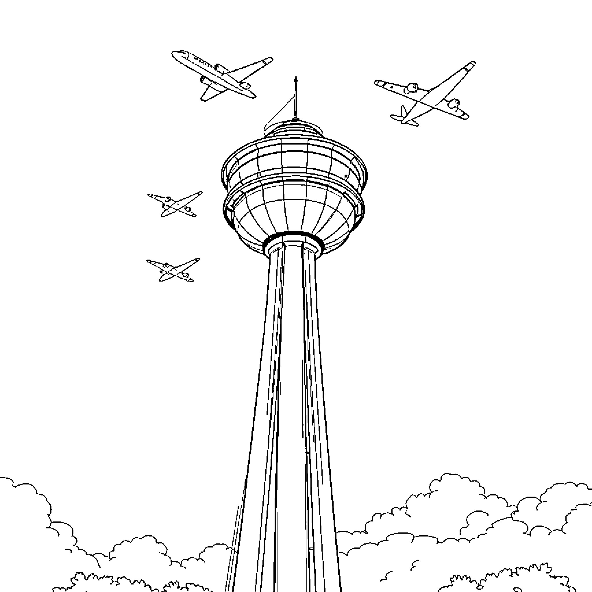 Airplane tower with flying aircraft above Coloring Page (free black-and-white line drawing printable PDF for all, from beginners to advanced learners, including children, teens, adults, and seniors)