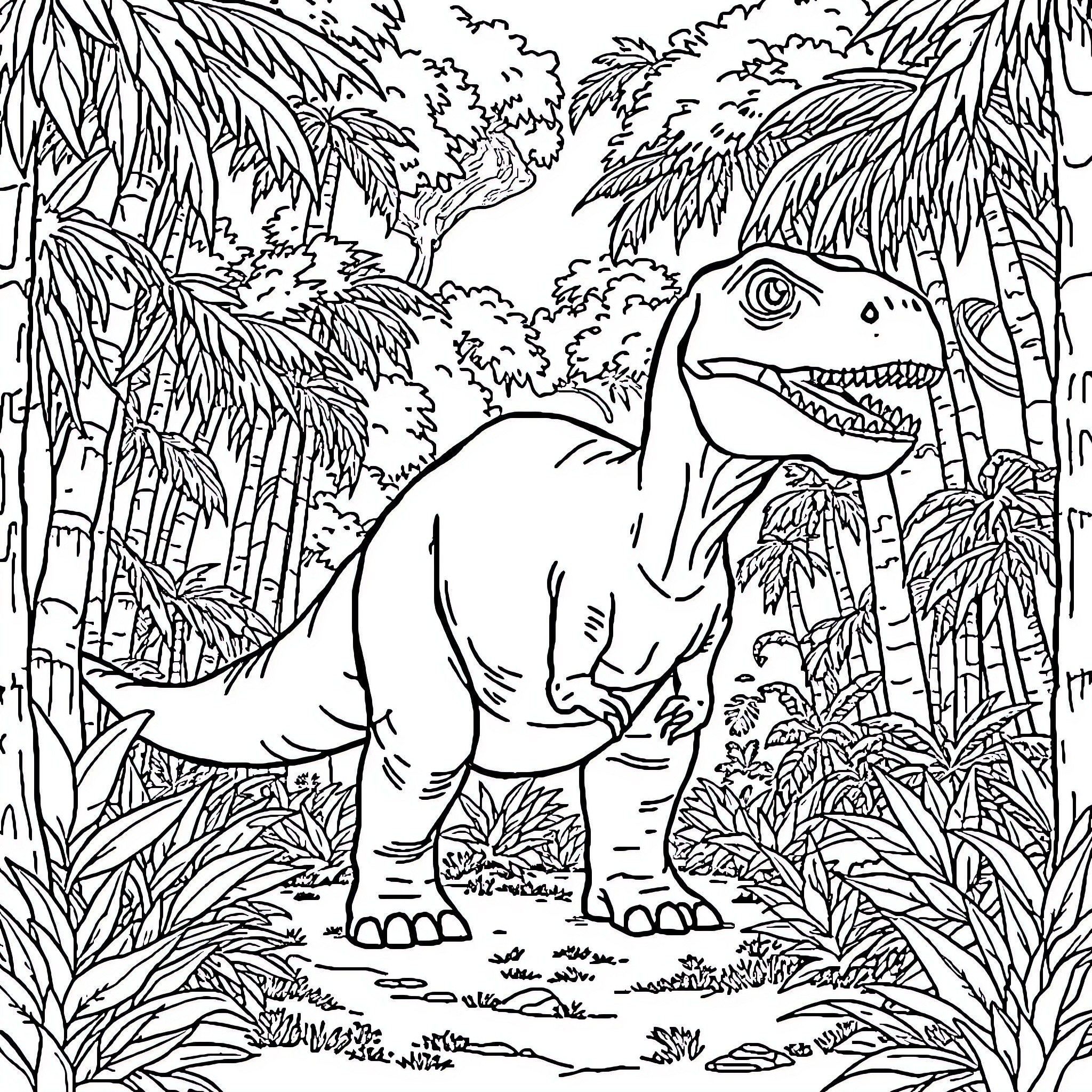 Dinosaur roaming through lush jungle landscape Coloring Page (free black-and-white line drawing printable PDF for all, from beginners to advanced learners, including children, teens, adults, and seniors)