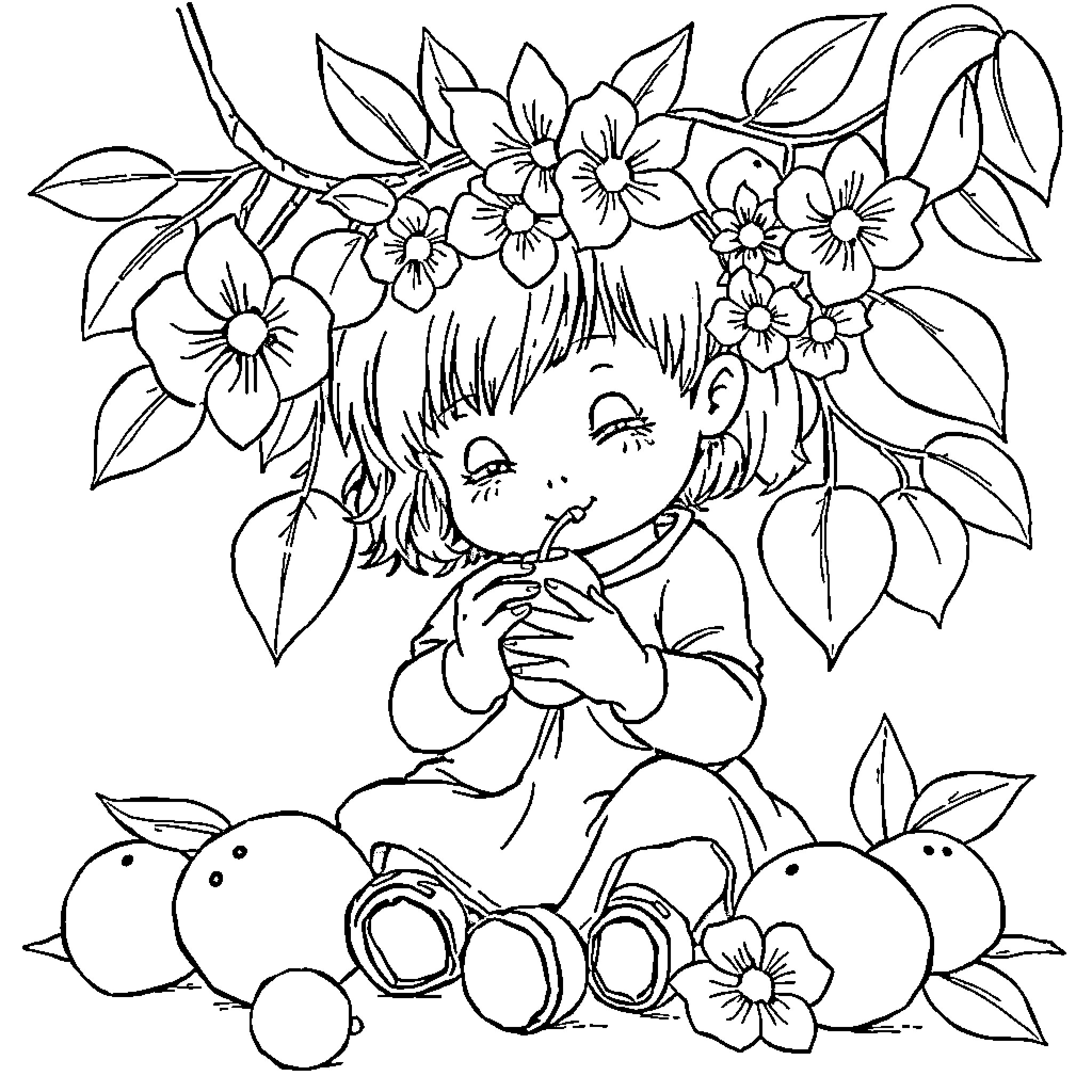 Children with Floral Crown Playing Joyfully Coloring Page (free black-and-white line drawing printable PDF for all, from beginners to advanced learners, including children, teens, adults, and seniors)