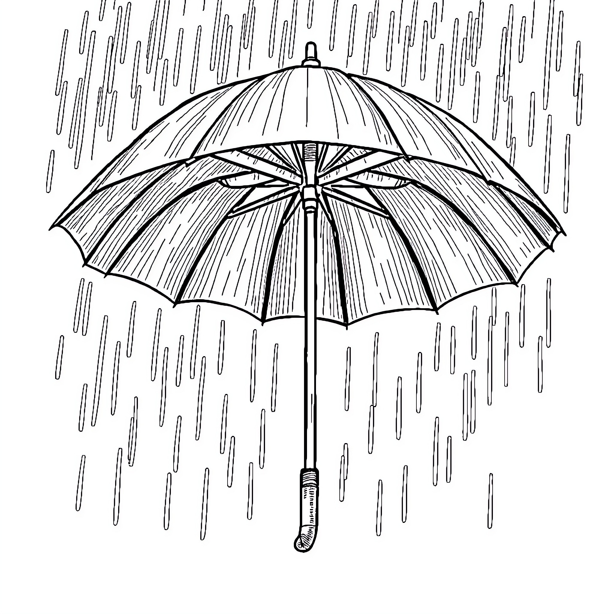 Umbrella in the rain Coloring Page (free black-and-white line drawing printable PDF for all, from beginners to advanced learners, including children, teens, adults, and seniors)