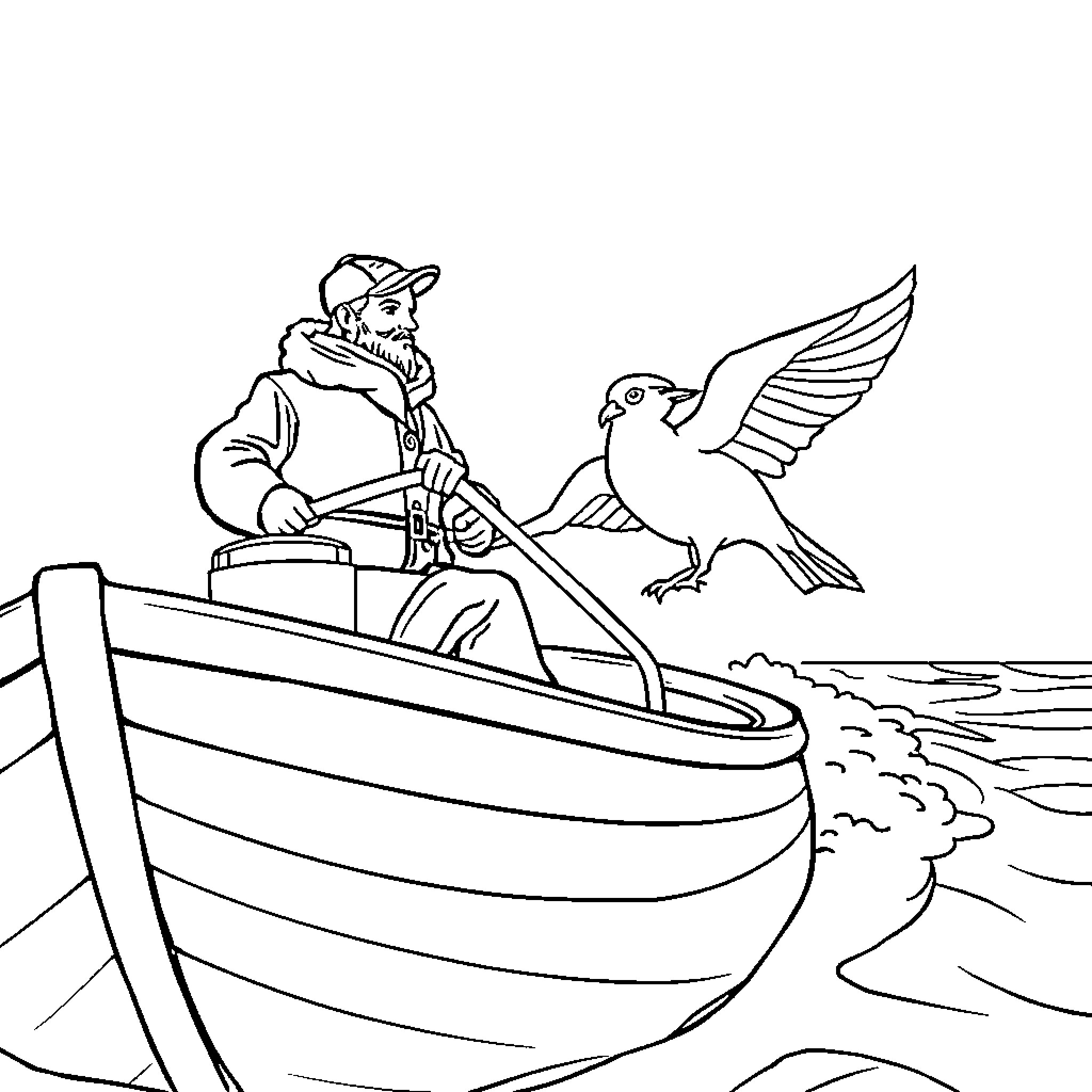 Santa sailing a boat with a bird in the sky Coloring Page (free black-and-white line drawing printable PDF for all, from beginners to advanced learners, including children, teens, adults, and seniors)