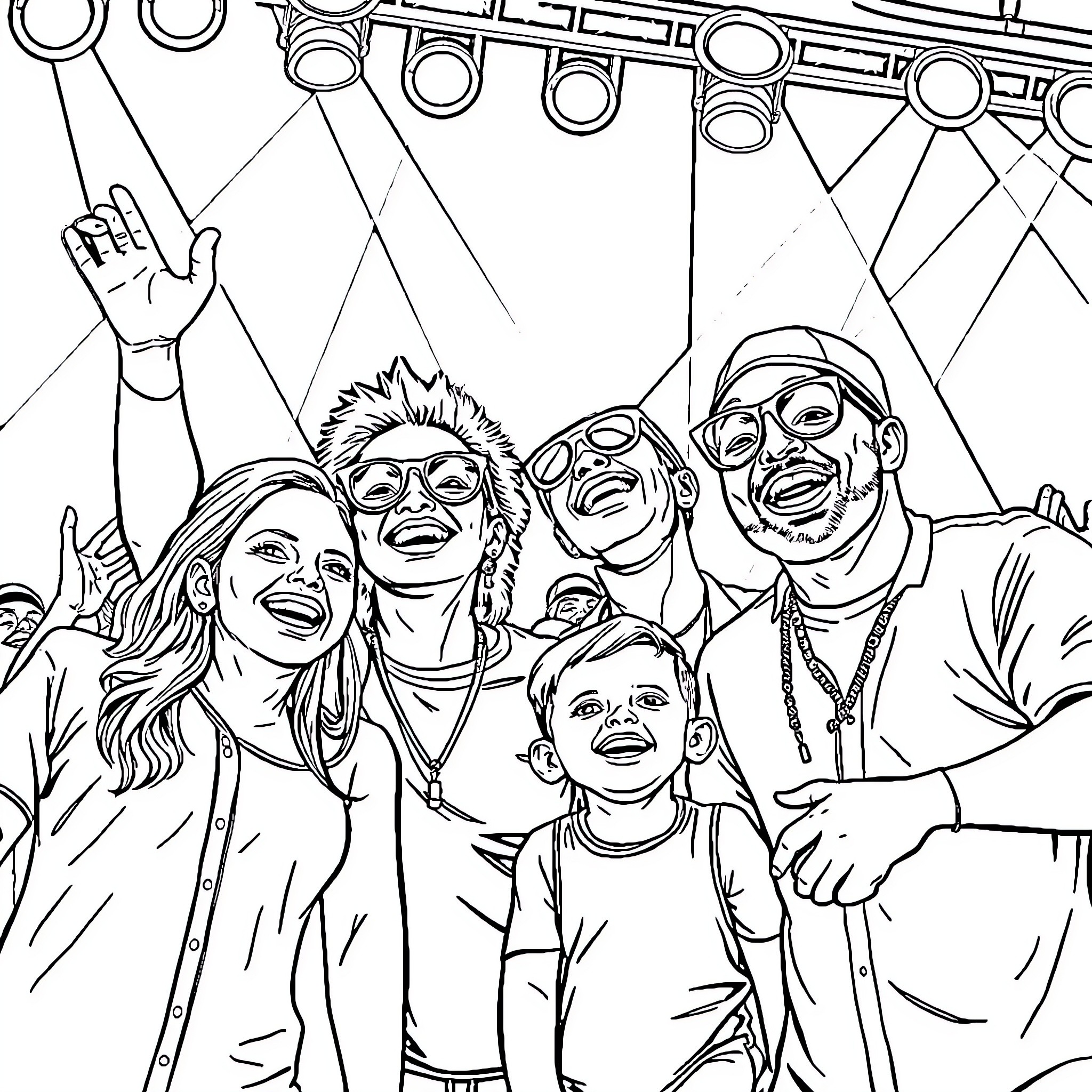 Family Celebrating at Concert or Performance Coloring Page (free black-and-white line drawing printable PDF for all, from beginners to advanced learners, including children, teens, adults, and seniors)