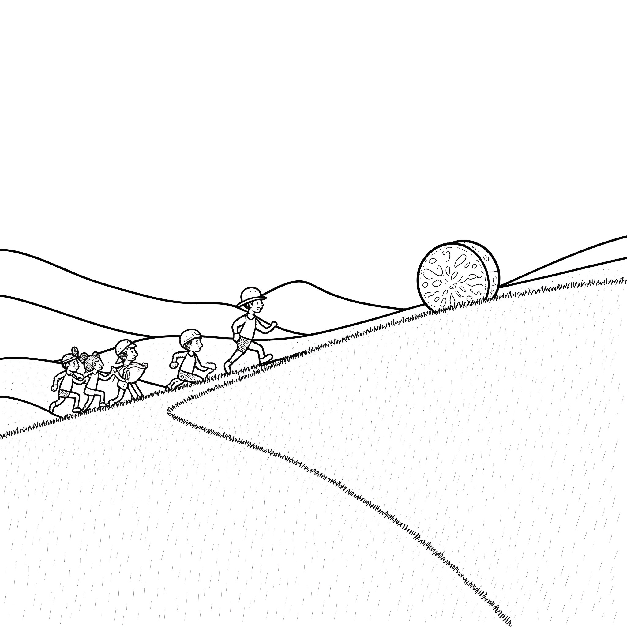 Cheese Runners Climbing Steep Hill Coloring Page (free black-and-white line drawing printable PDF for all, from beginners to advanced learners, including children, teens, adults, and seniors)