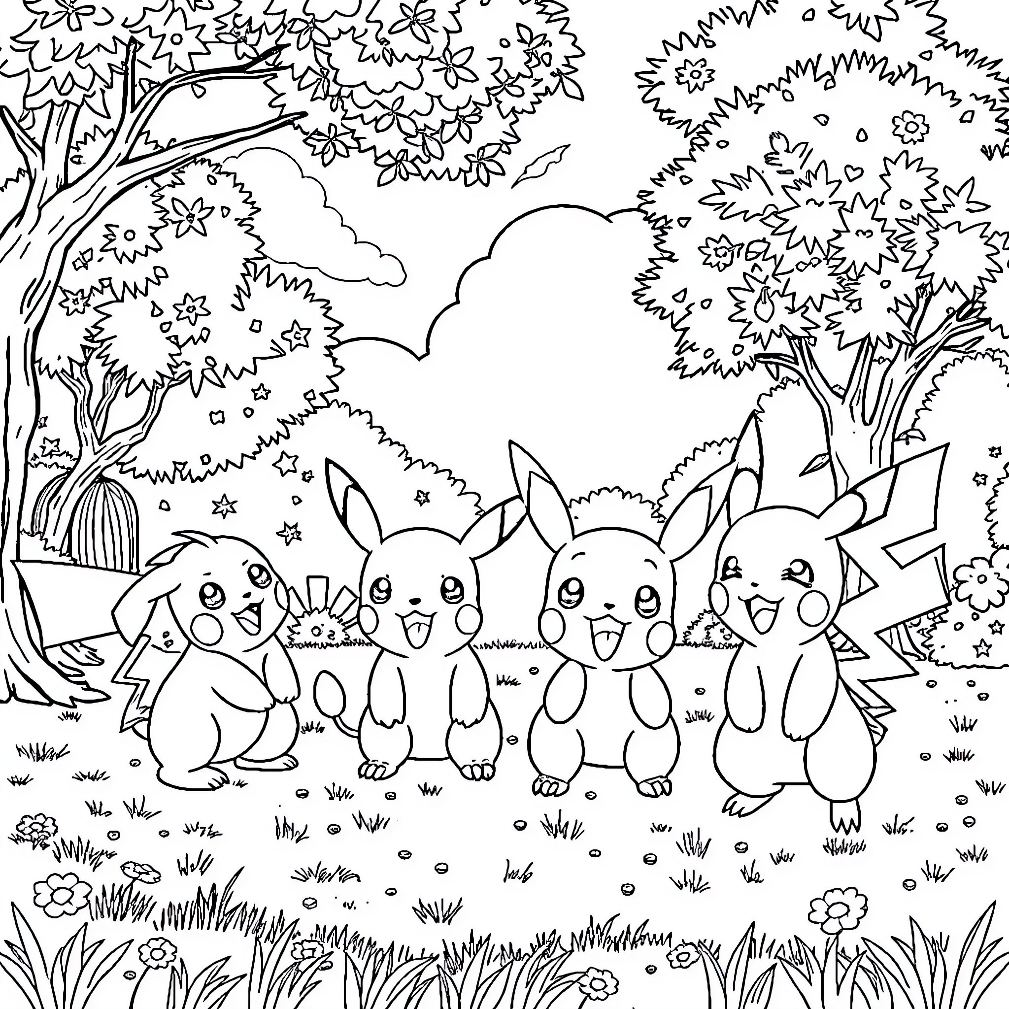 Pokémon characters exploring a magical forest landscape Coloring Page (free black-and-white line drawing printable PDF for all, from beginners to advanced learners, including children, teens, adults, and seniors)