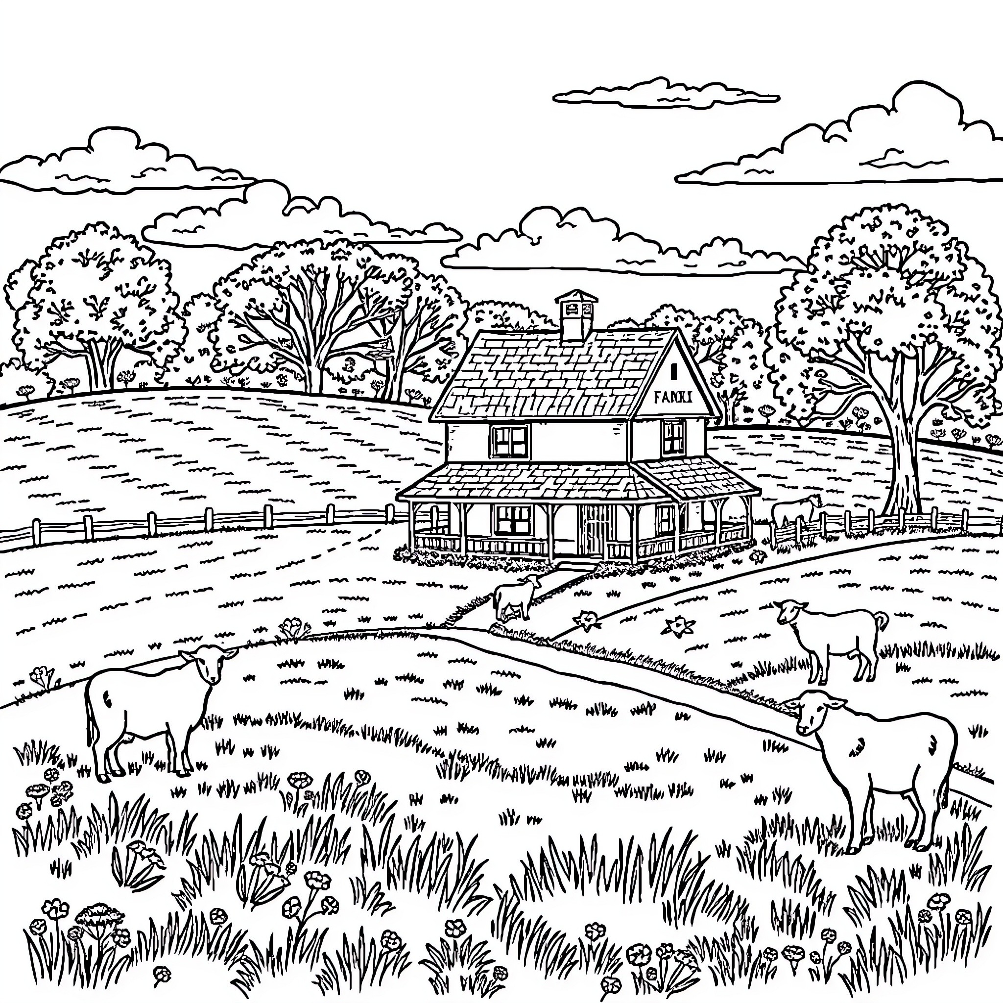 Farm with Farmhouse and Grazing Animals Coloring Page (free black-and-white line drawing printable PDF for all, from beginners to advanced learners, including children, teens, adults, and seniors)