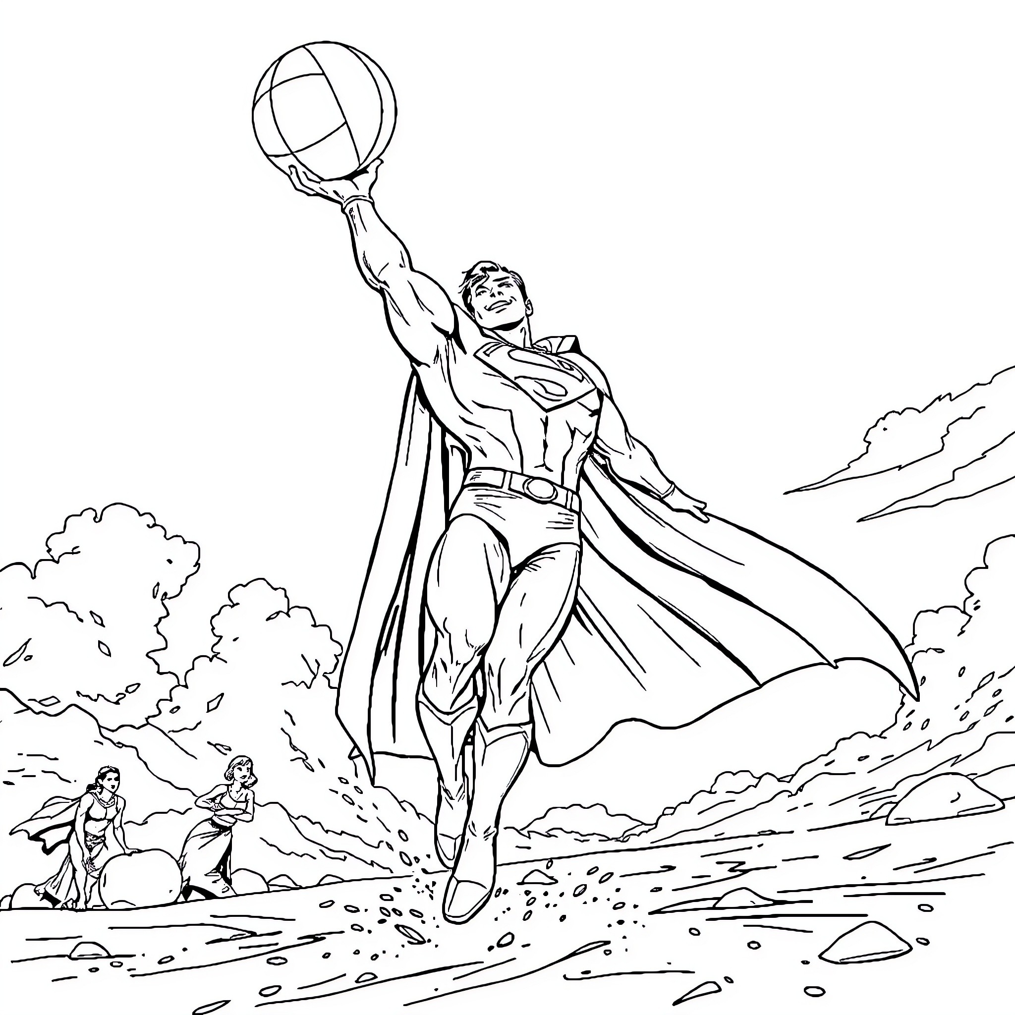Superman heroically saves the day with his superpowers Coloring Page (free black-and-white line drawing printable PDF for all, from beginners to advanced learners, including children, teens, adults, and seniors)
