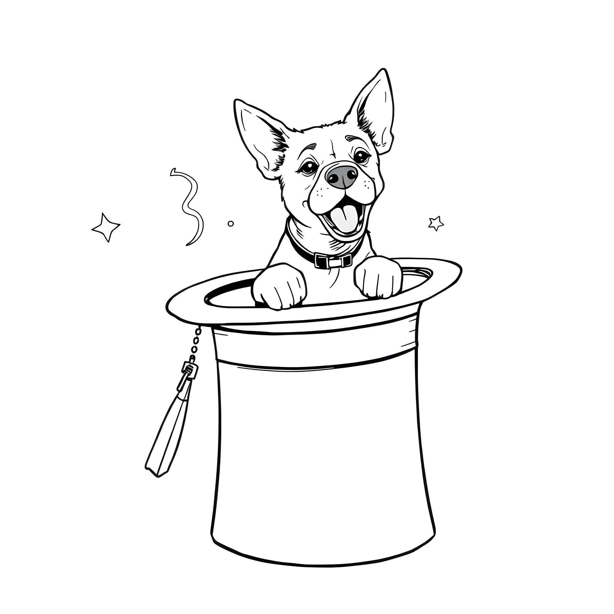 Dog peeking out of magic hat Coloring Page (free black-and-white line drawing printable PDF for all, from beginners to advanced learners, including children, teens, adults, and seniors)