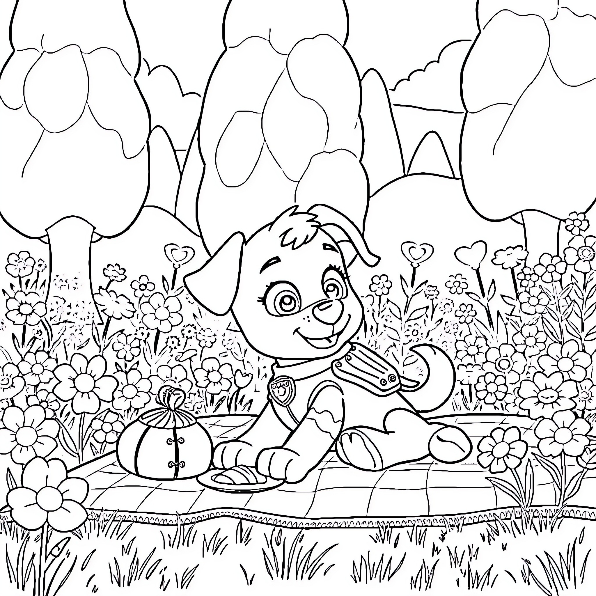 Skye playing happily in the floral garden Coloring Page (free black-and-white line drawing printable PDF for all, from beginners to advanced learners, including children, teens, adults, and seniors)