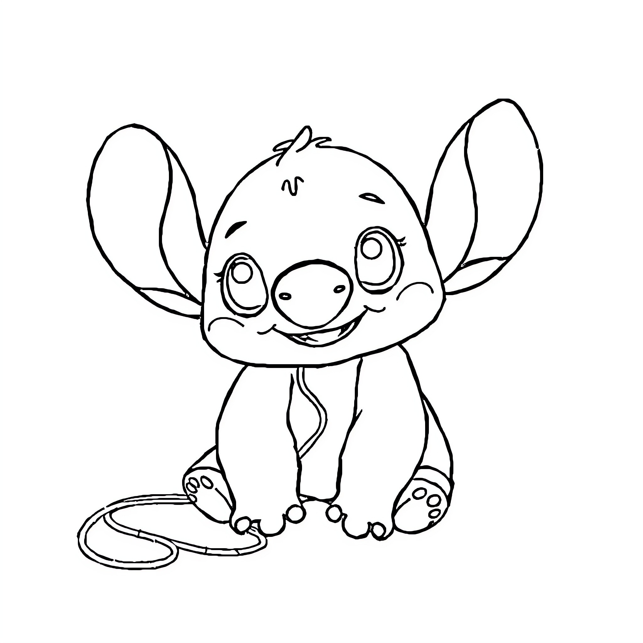 Stitch sitting and smiling cheerfully Coloring Page (free black-and-white line drawing printable PDF for all, from beginners to advanced learners, including children, teens, adults, and seniors)