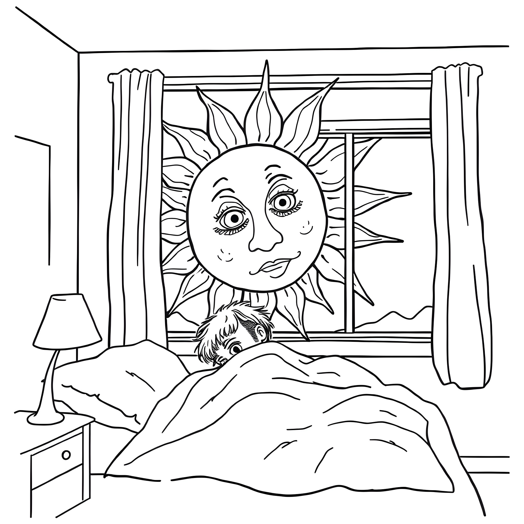 Sun shining through window on sleeping person Coloring Page (free black-and-white line drawing printable PDF for all, from beginners to advanced learners, including children, teens, adults, and seniors)