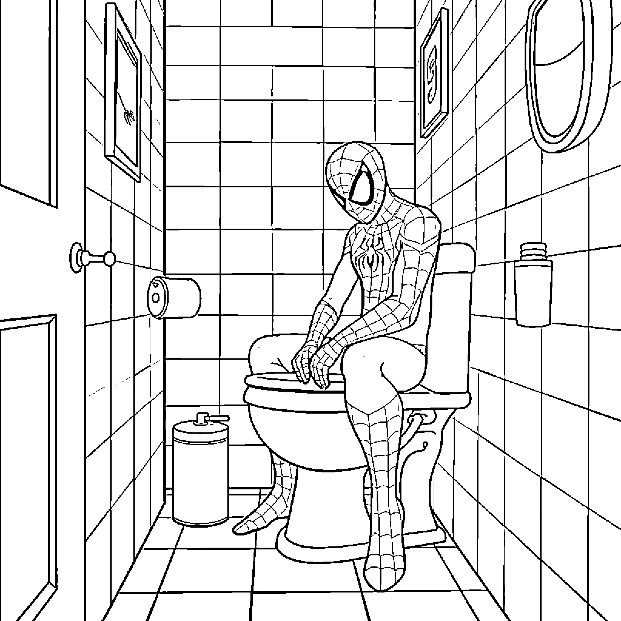 Spiderman relaxing in the bathroom Coloring Page (free black-and-white line drawing printable PDF for all, from beginners to advanced learners, including children, teens, adults, and seniors)