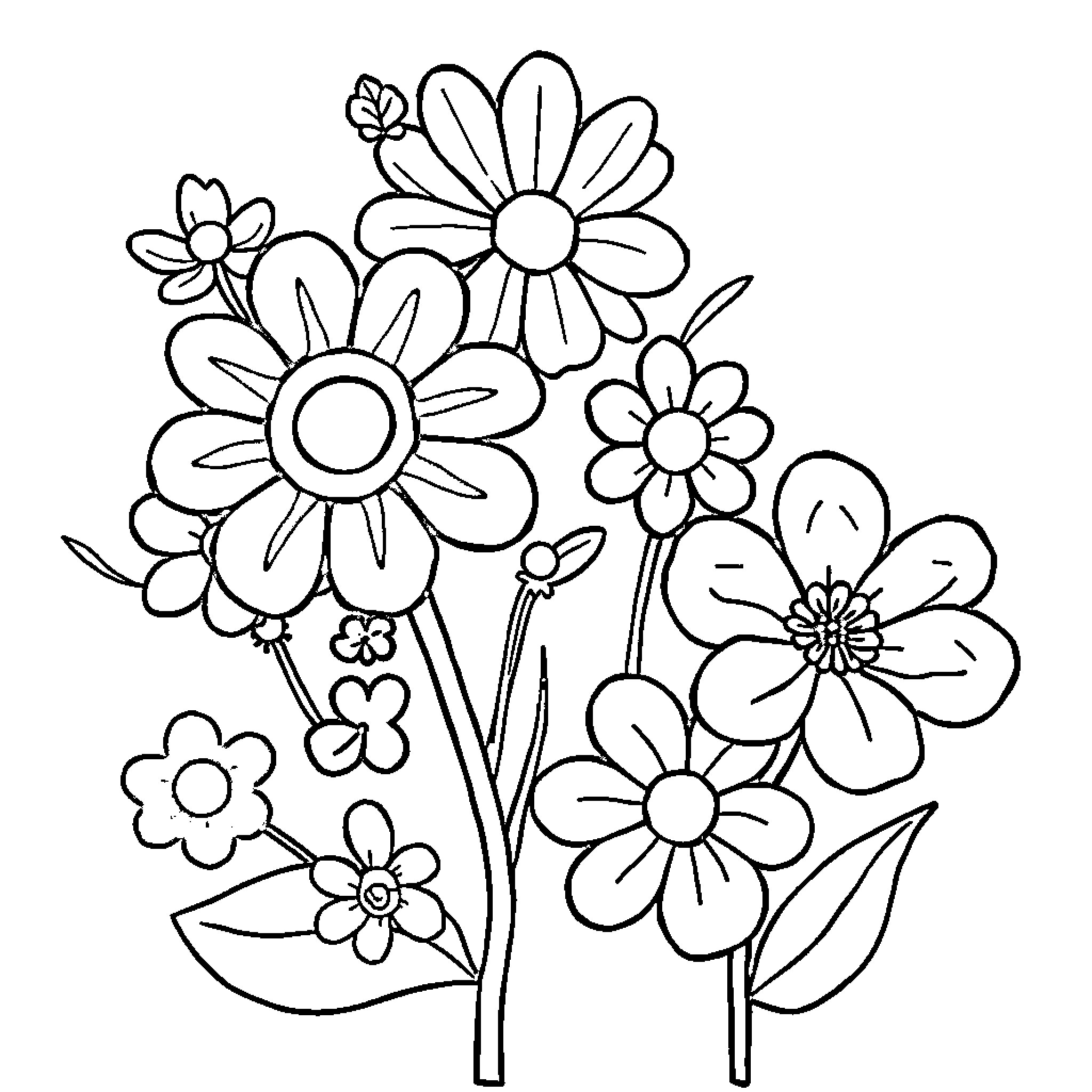 Flower Bouquet in Simple Illustration Coloring Page (free black-and-white line drawing printable PDF for all, from beginners to advanced learners, including children, teens, adults, and seniors)