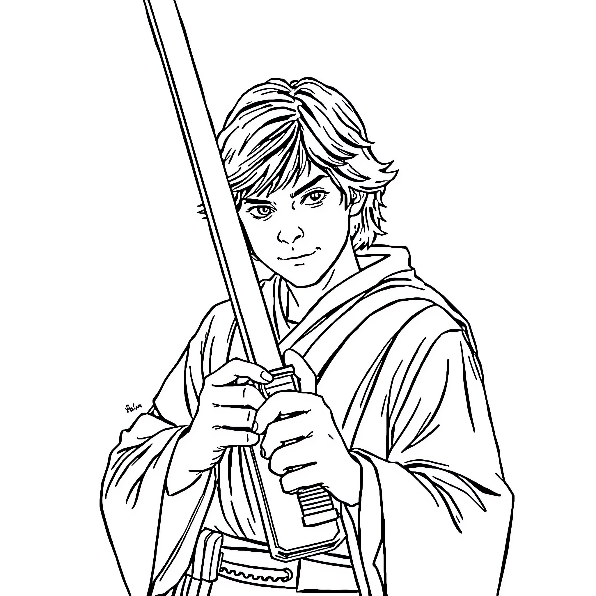Luke Skywalker wielding his lightsaber with determination Coloring Page (free black-and-white line drawing printable PDF for all, from beginners to advanced learners, including children, teens, adults, and seniors)