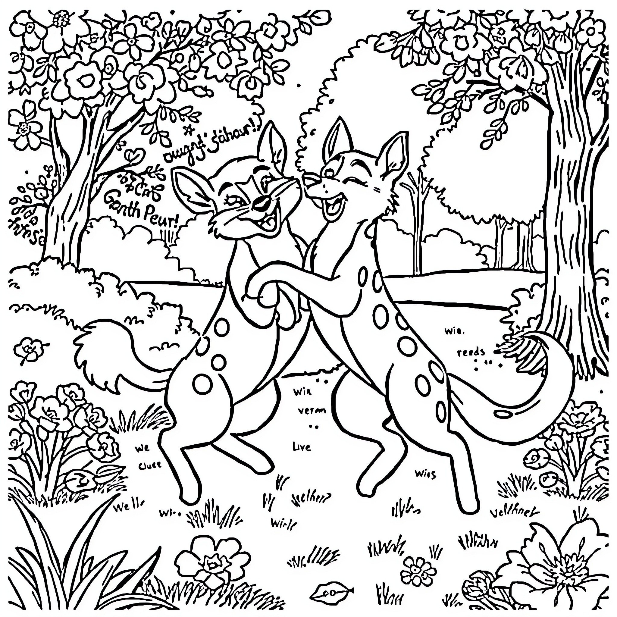 Twin playful foxes frolicking in the forest Coloring Page (free black-and-white line drawing printable PDF for all, from beginners to advanced learners, including children, teens, adults, and seniors)